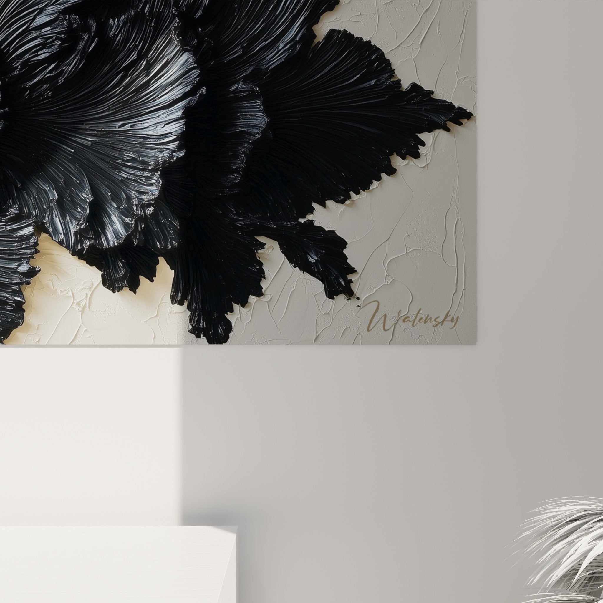Full view black and white duality flower painting with relief sculptural wall art feng shui metal modern living room