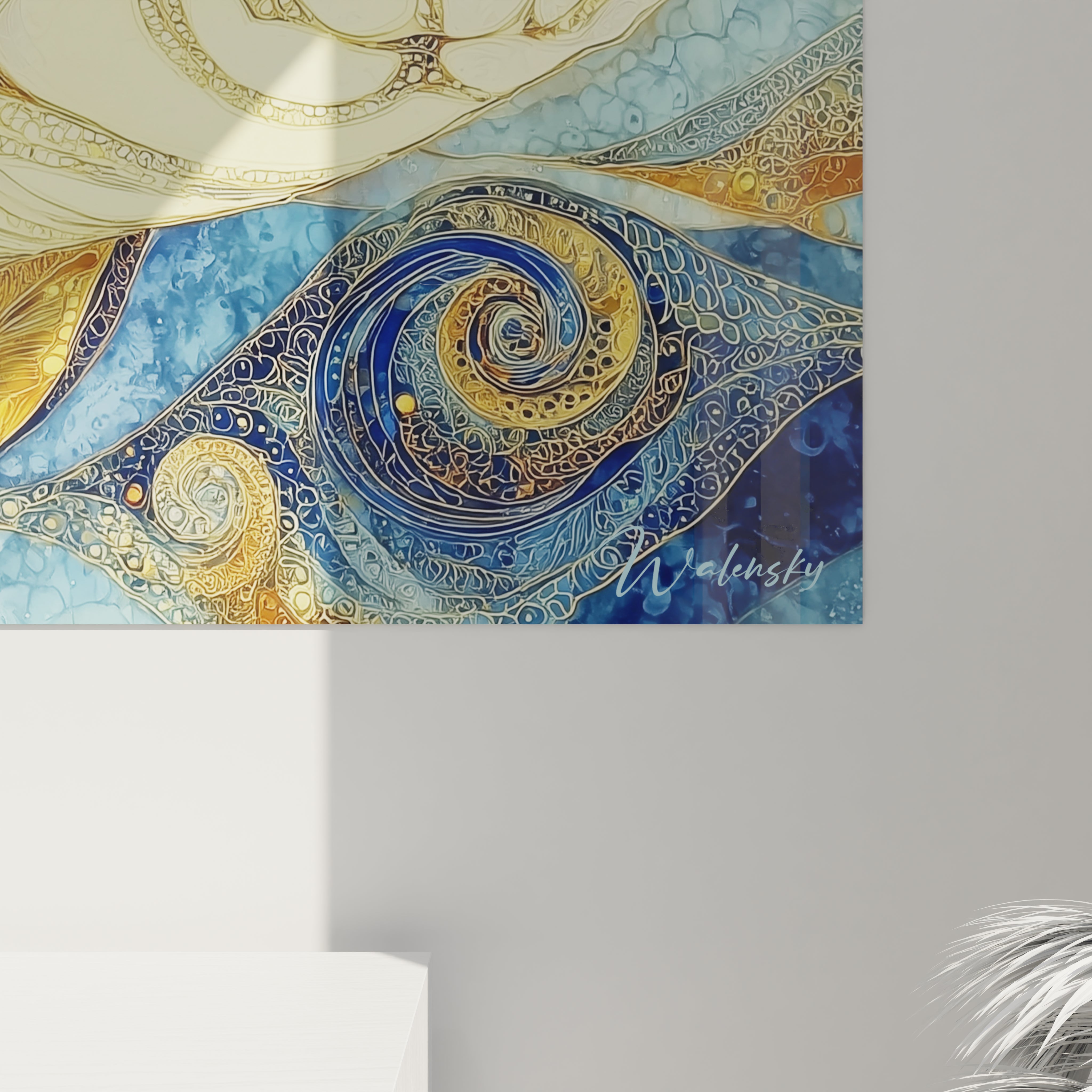 Vue ensemble tableau mural Dunkleosteus bleu or décoration art nouveau poisson préhistorique