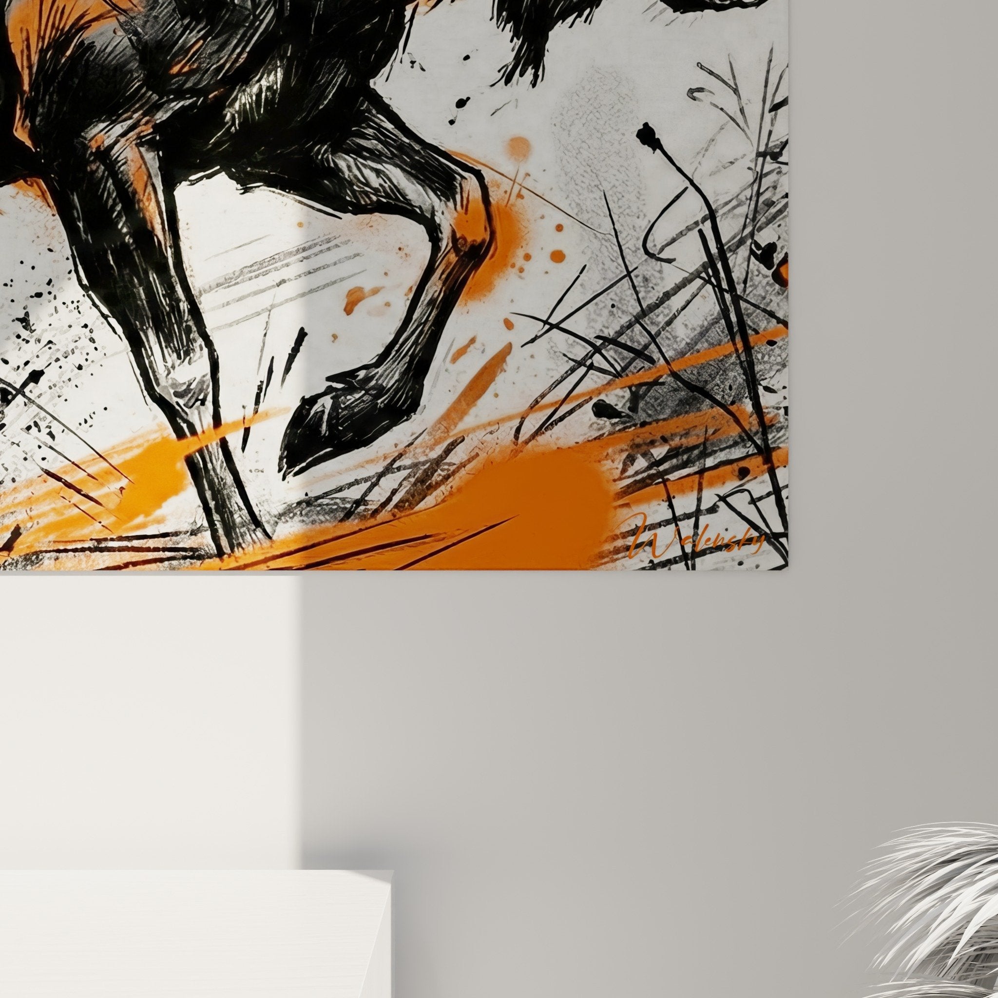 Overview majestic elk black orange modern animal art style Elan Edition living room decor