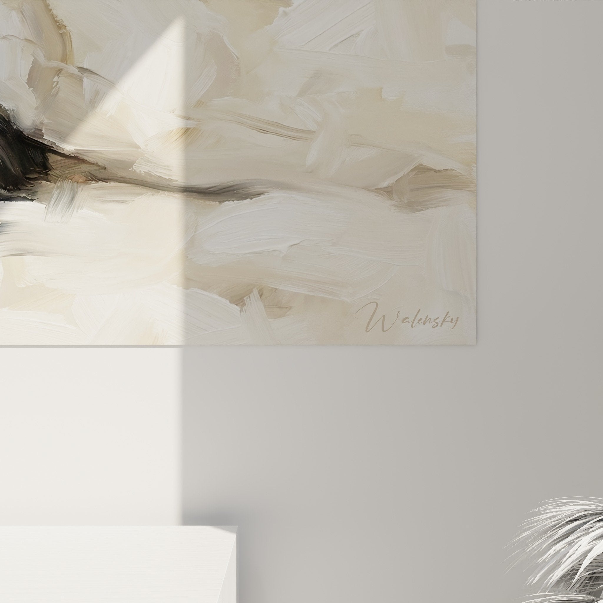 Japanese spaniel wall art displayed in modern interior with neutral tones and calming atmosphere