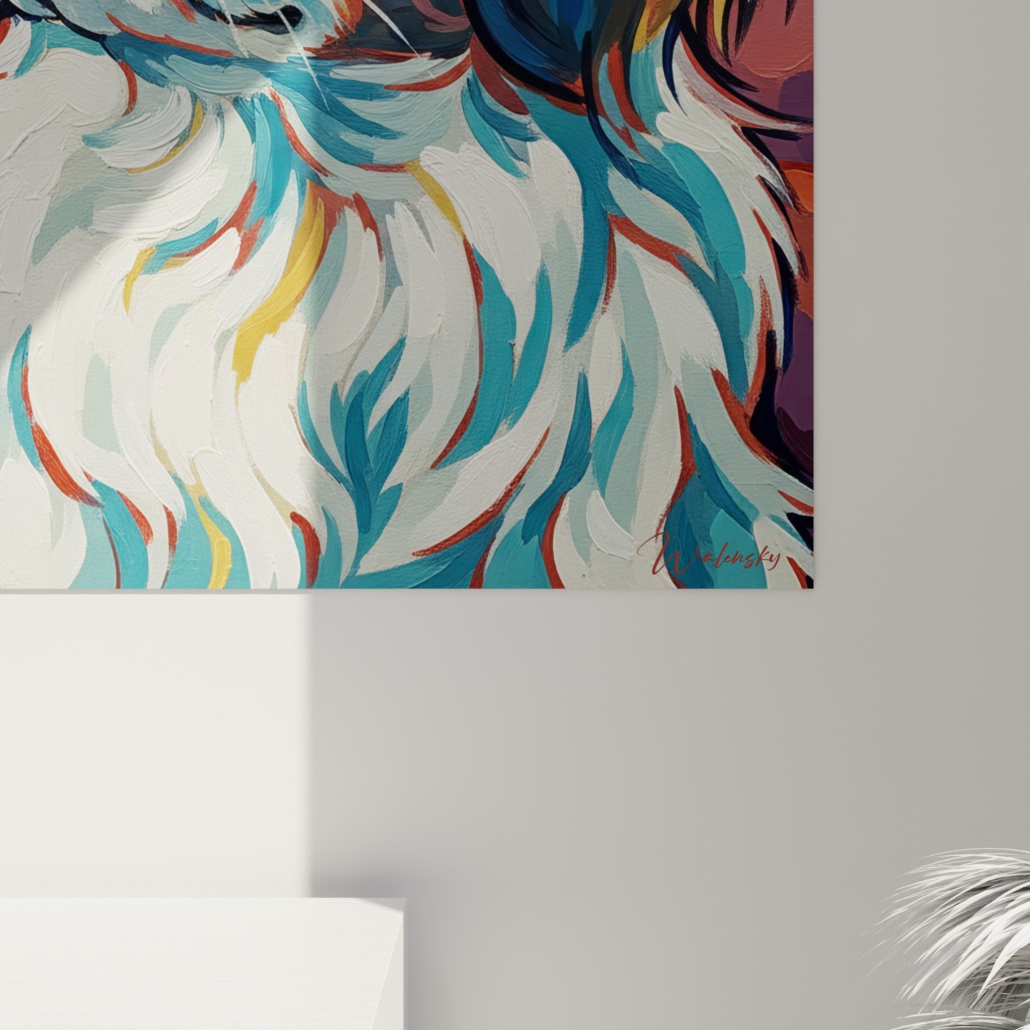 Vue d'ensemble du tableau mural Epagneul Japonais dans intérieur design aux tons turquoise et orange