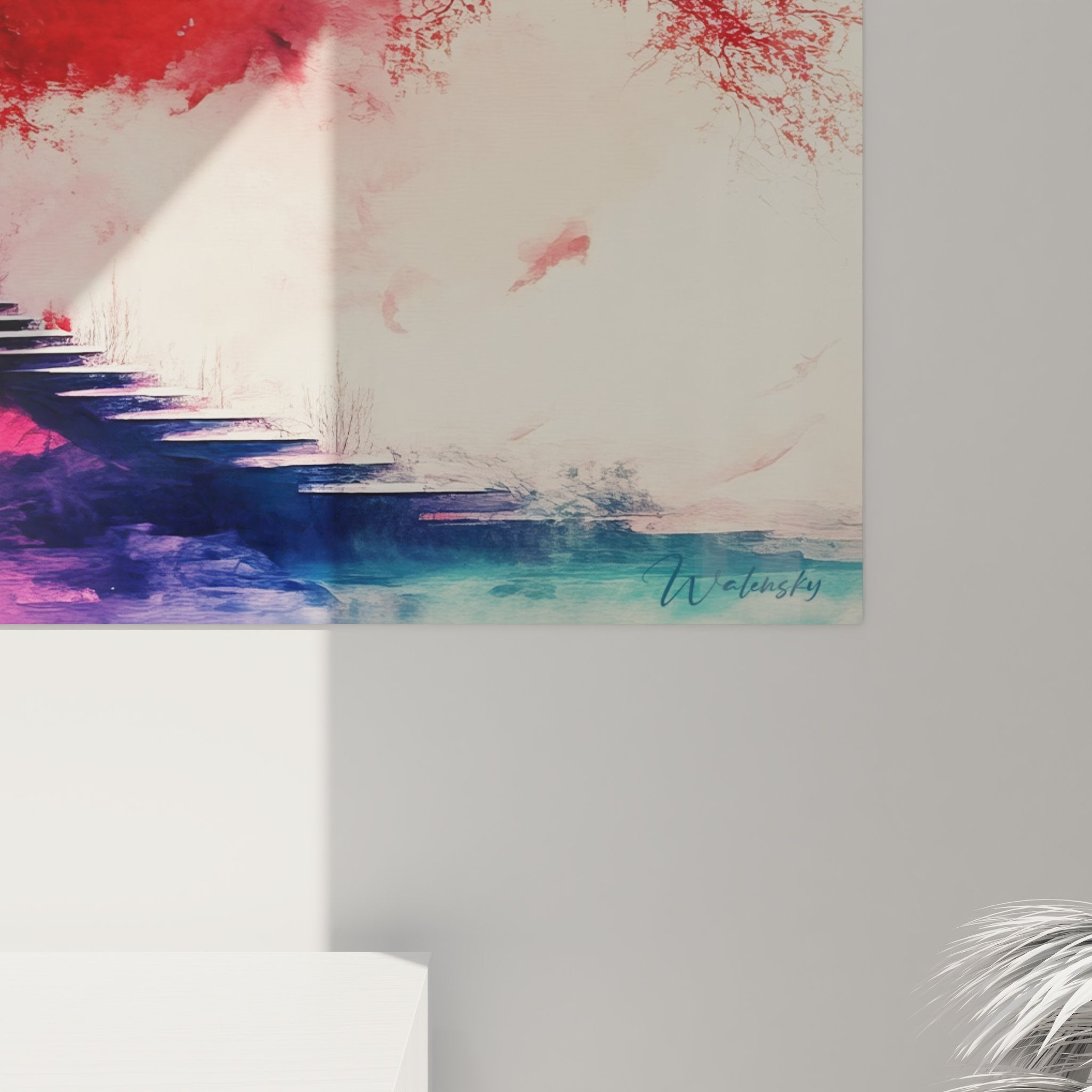 Vue ensemble tableau mural escalier cerisier japonais rouge décoration art moderne