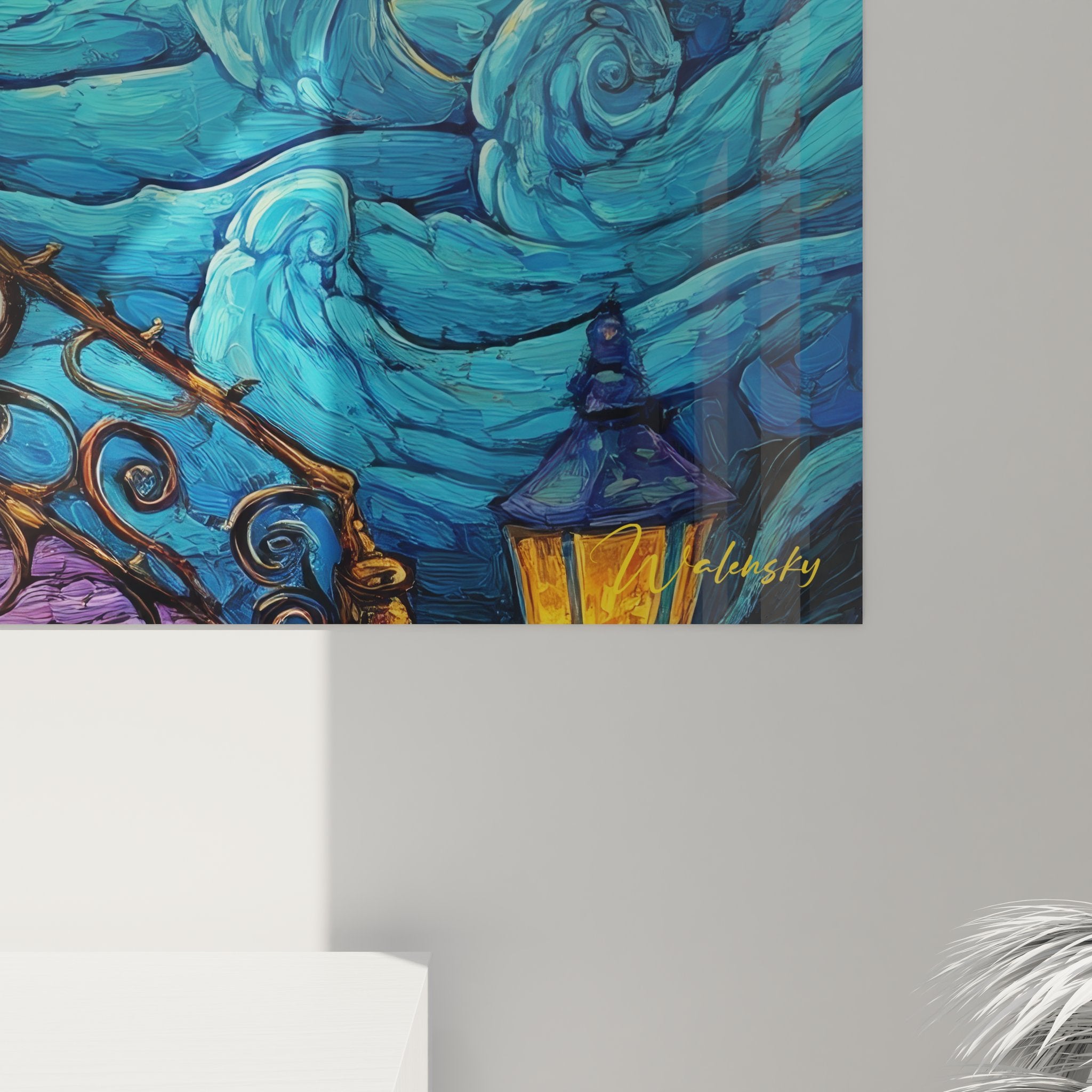 Vue d'ensemble tableau mural escalier cosmique, composition complète spirale dorée et turquoise