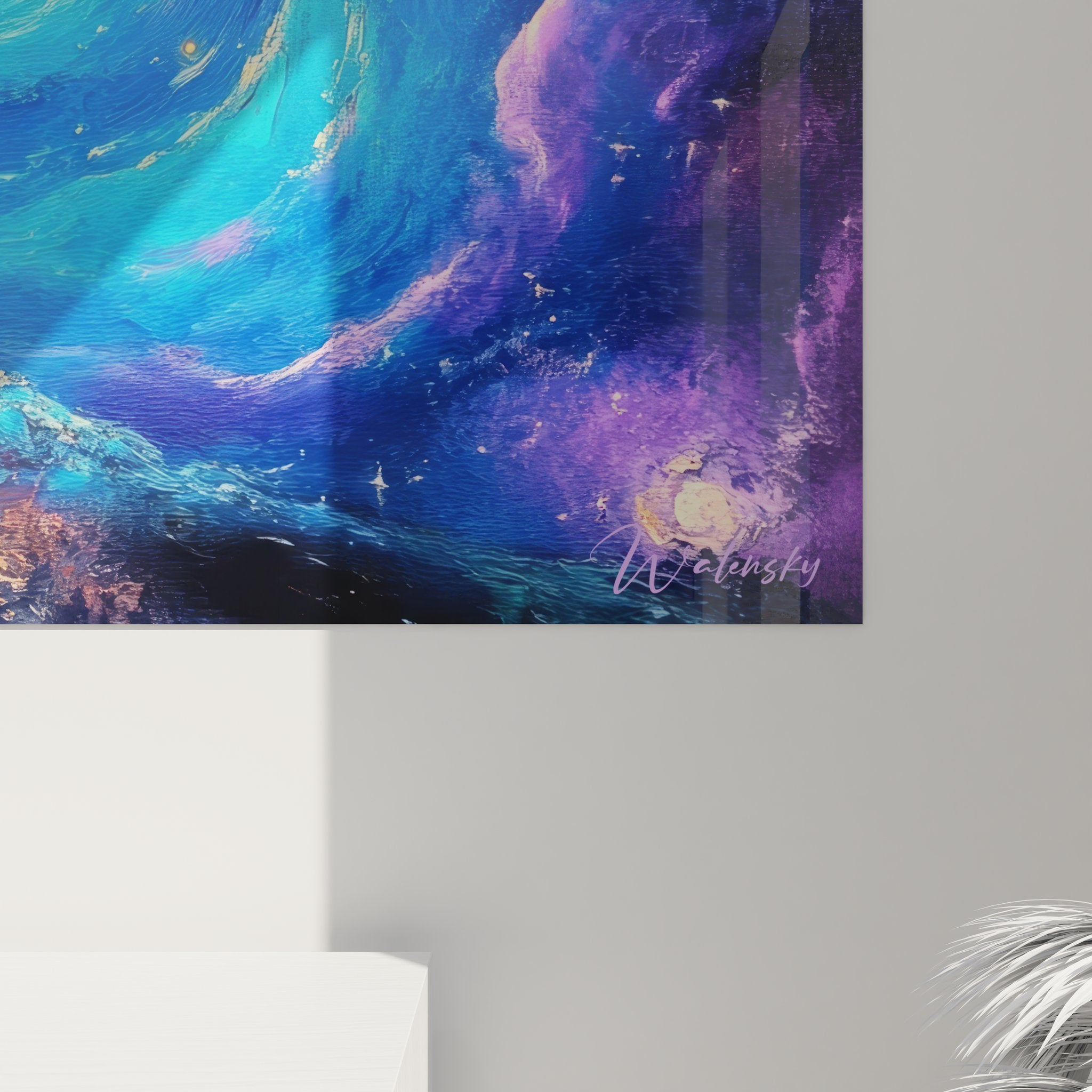 Vue ensemble tableau mural escalier vers étoiles, composition complète art spatial abstrait