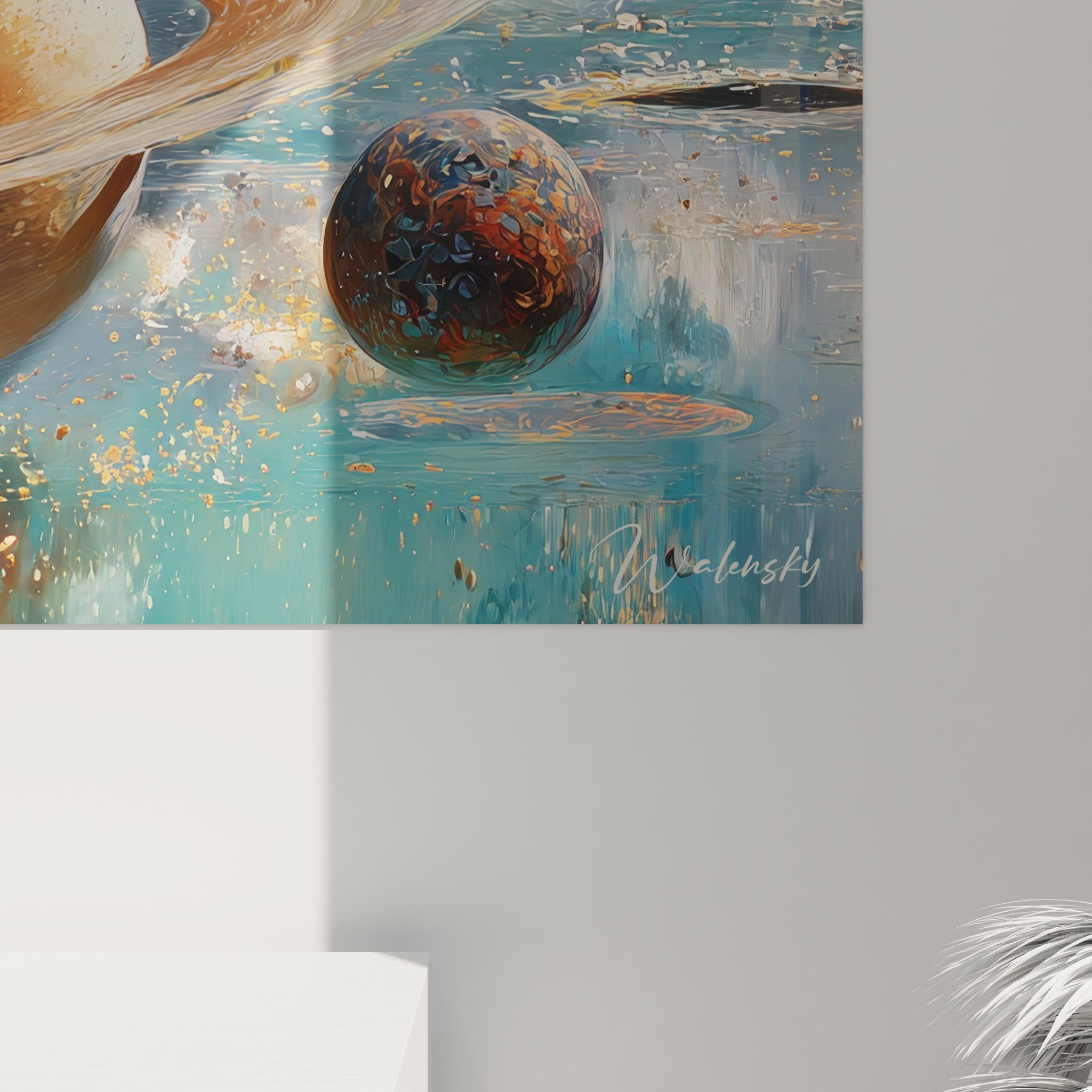 Vue ensemble tableau mural espace avec planètes colorées flottant dans cosmos étoilé