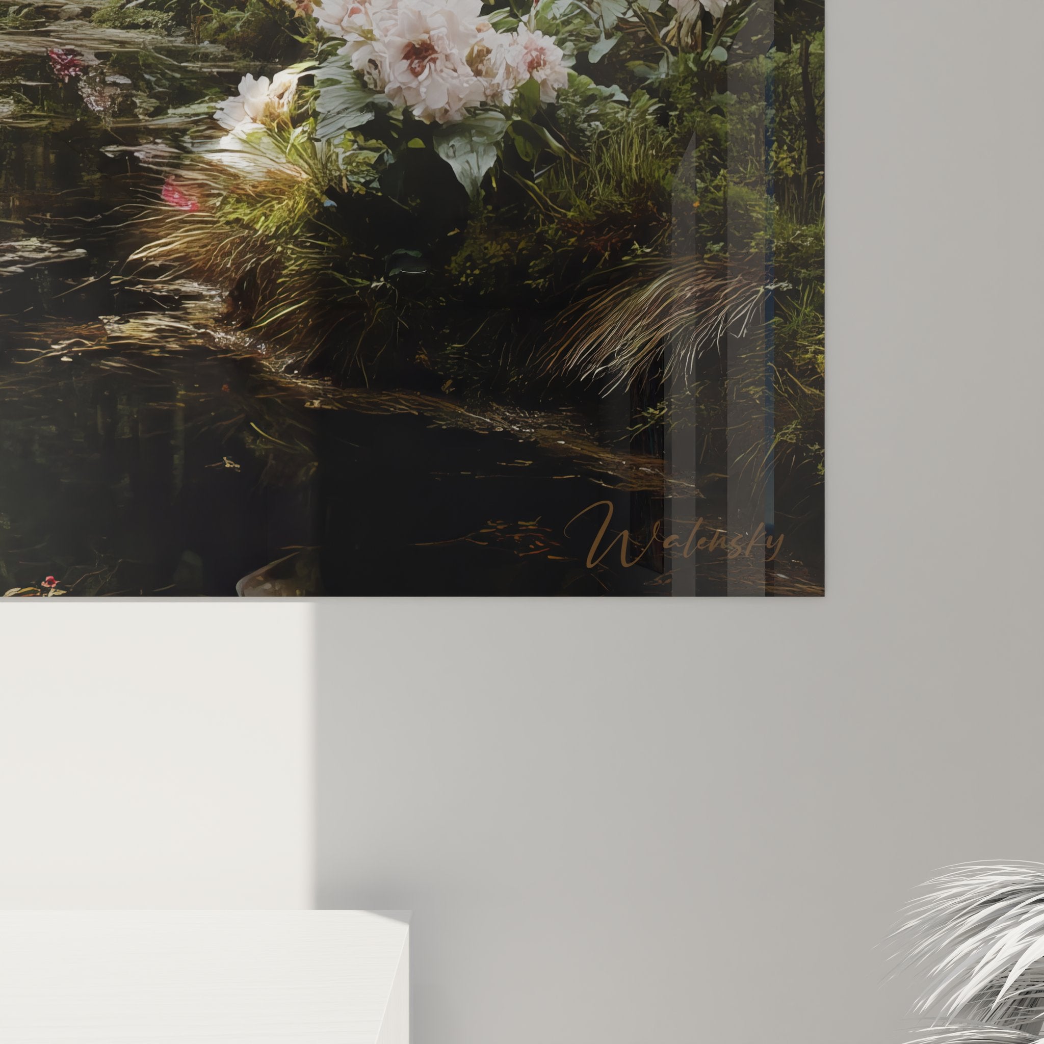 Vue ensemble tableau mural étang jungle pivoines décoration murale nature luxuriante