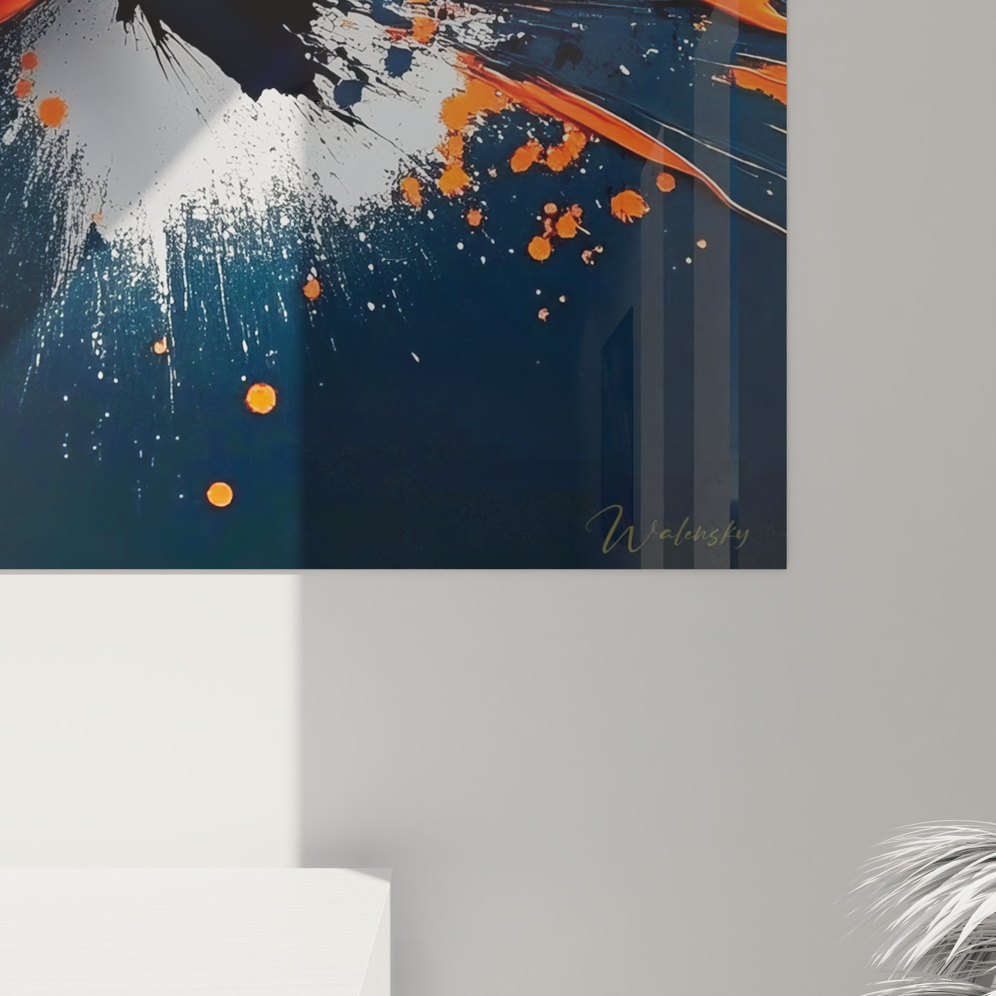 Vue ensemble tableau mural explosion abstraite, œuvre art moderne minimaliste décoration intérieure