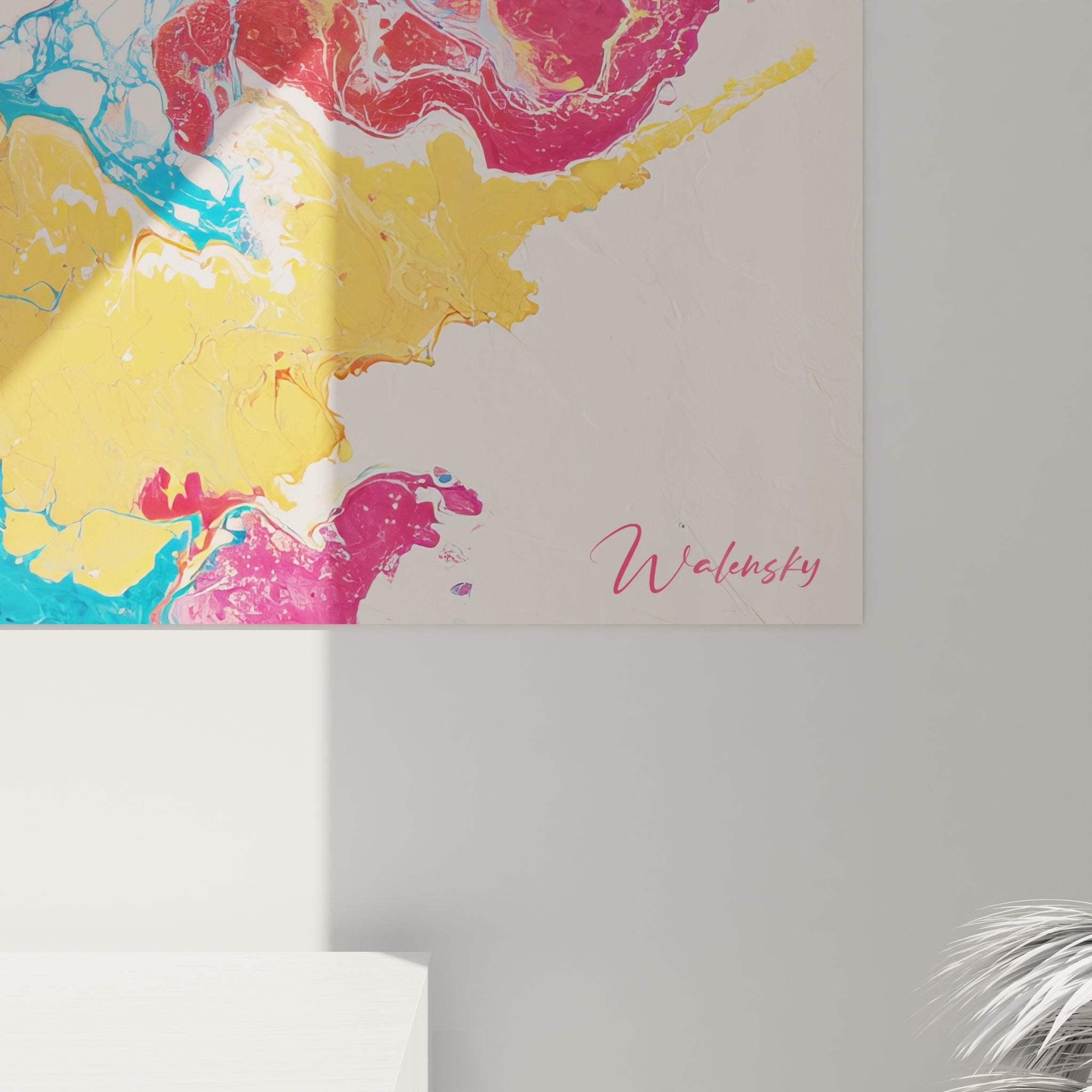 Vue ensemble tableau mural explosion abstraite colorée, art contemporain décoratif