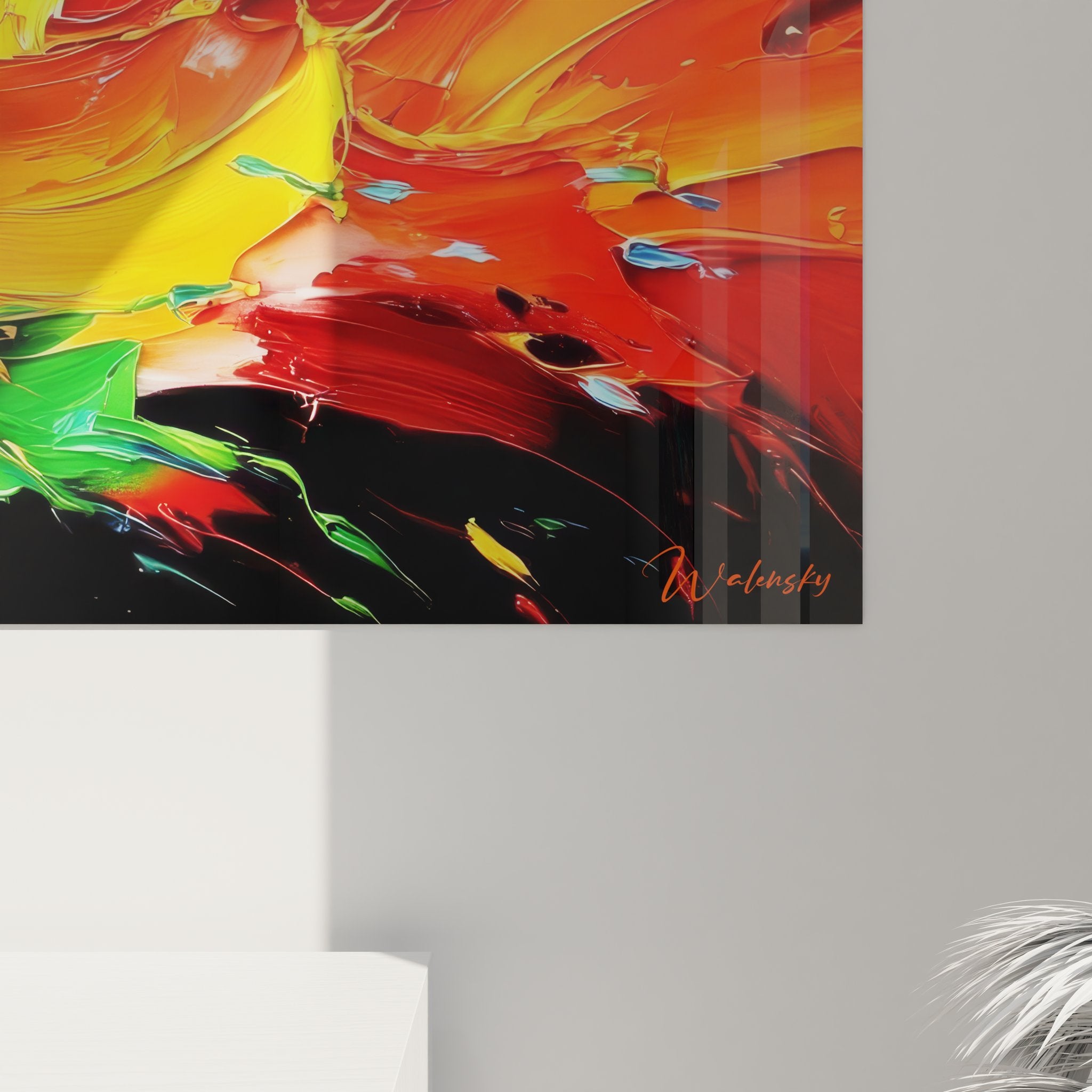 Vue ensemble tableau mural explosion couleurs art abstrait moderne décoration contemporaine tourbillon chromatique