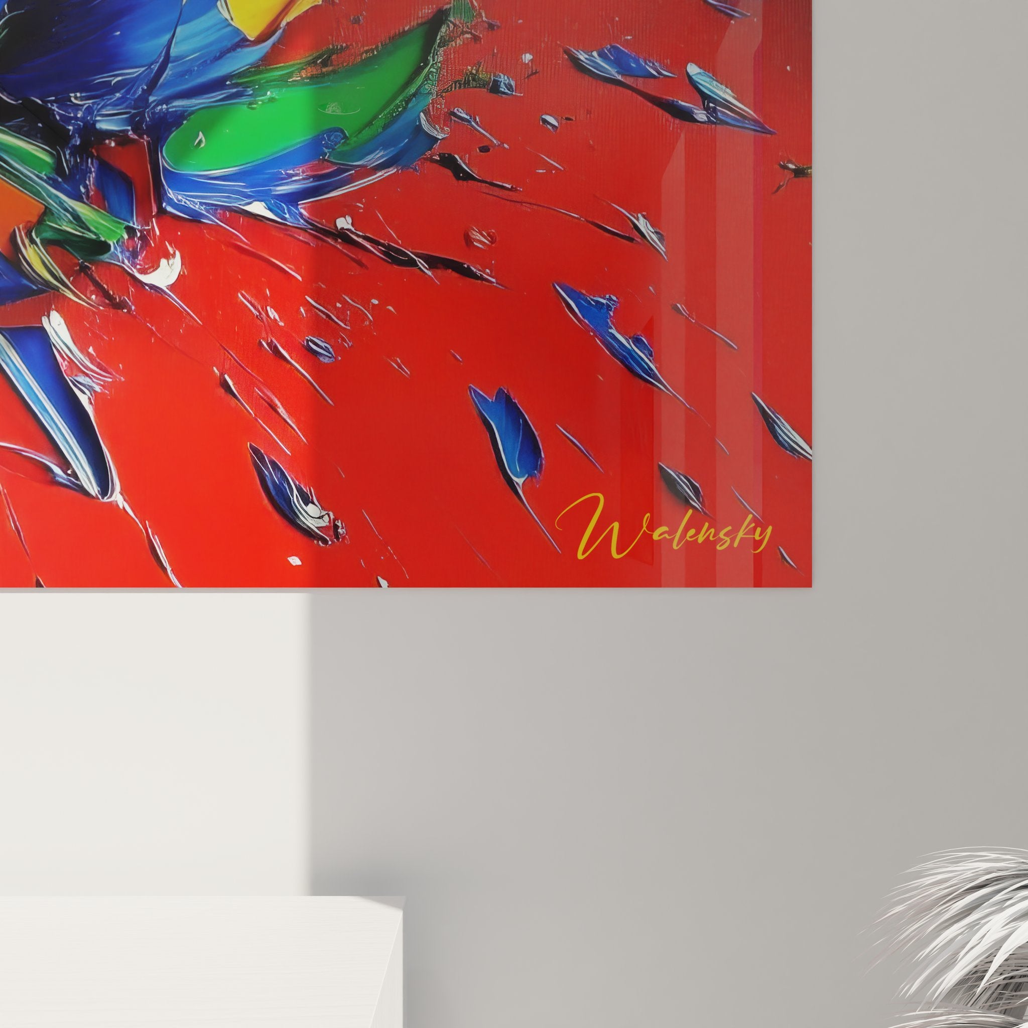 Vue ensemble tableau explosion colorée abstraite composition complète art mural moderne