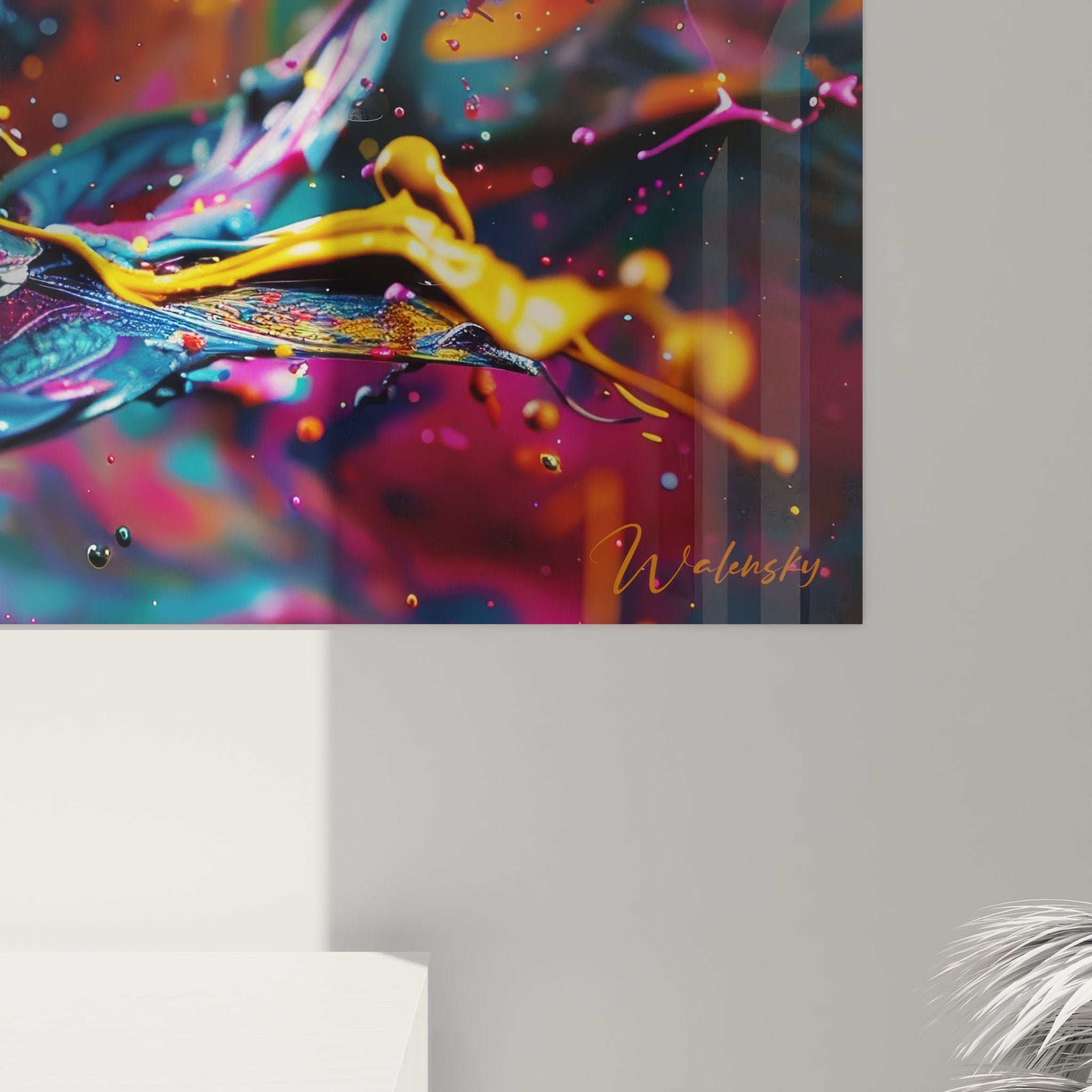 Vue ensemble tableau mural explosion colorée art abstrait contemporain décoration intérieure moderne