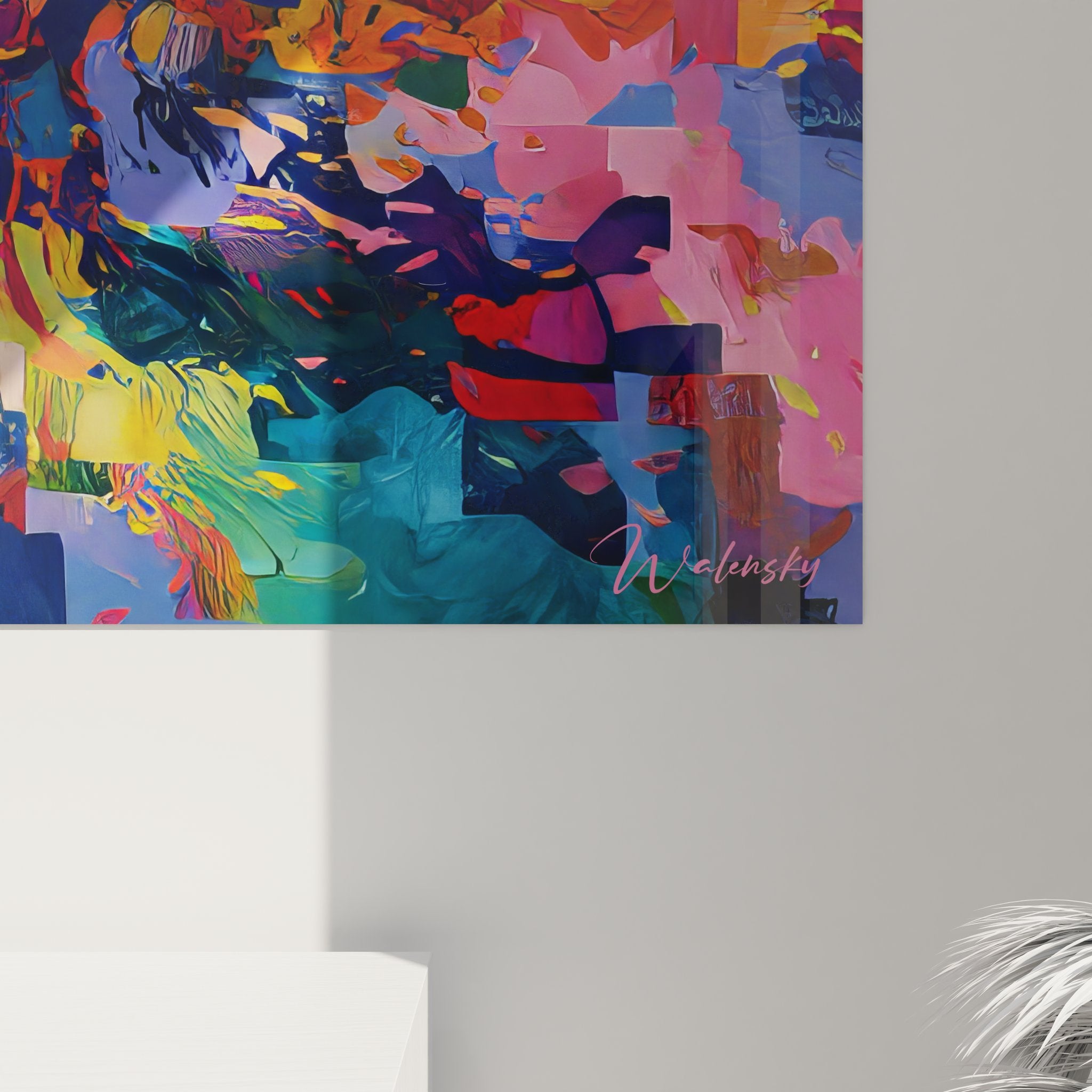 Vue ensemble tableau explosion colorée abstraite composition complète art mural contemporain