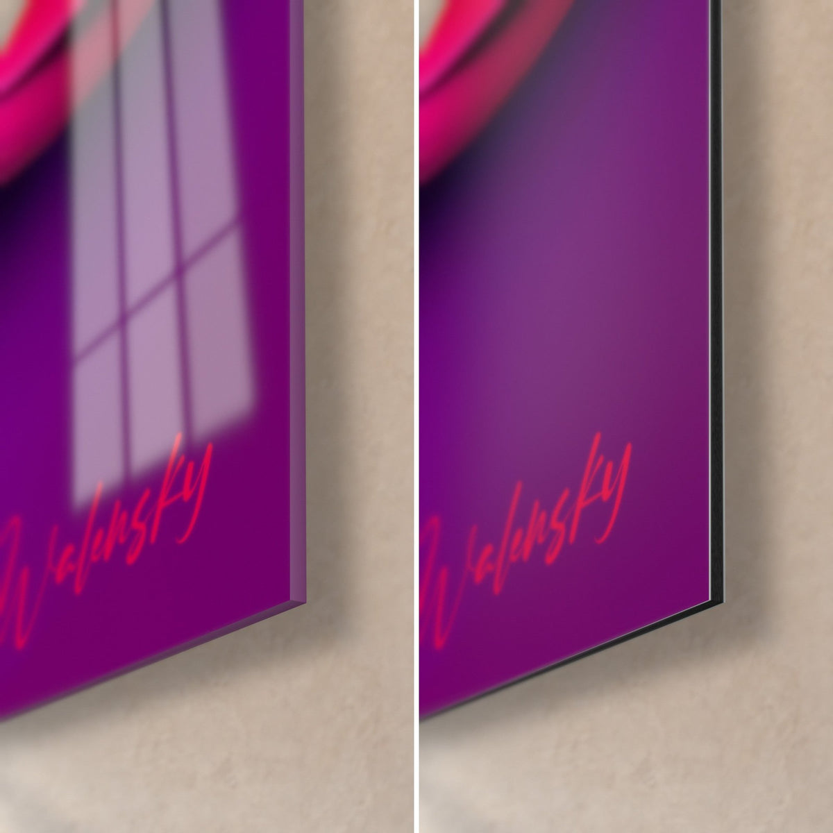 Tableau gouttes de peinture violette et rose, coin bas droit : verre brillant reflétant une fenêtre, Dibond noir mat, tranche de 3 mm