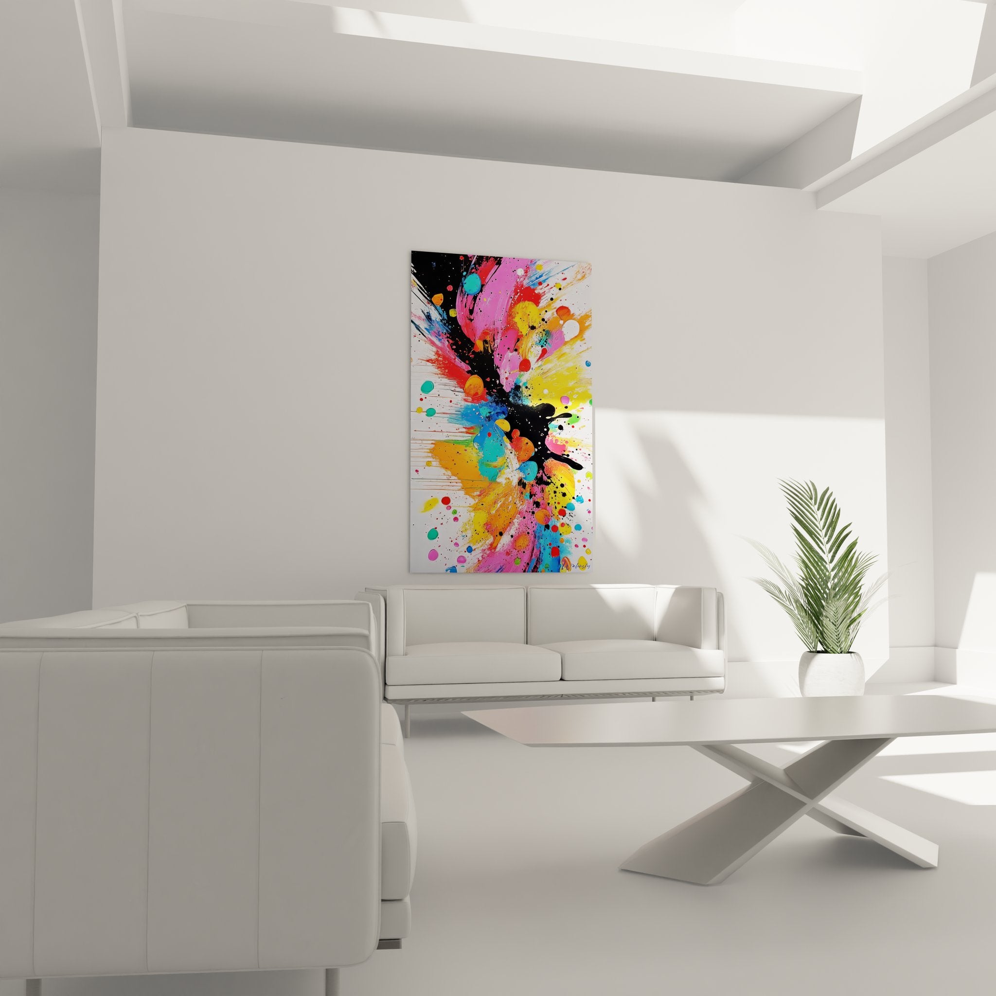 Vue d'ensemble du tableau explosion de couleurs dans un intérieur moderne