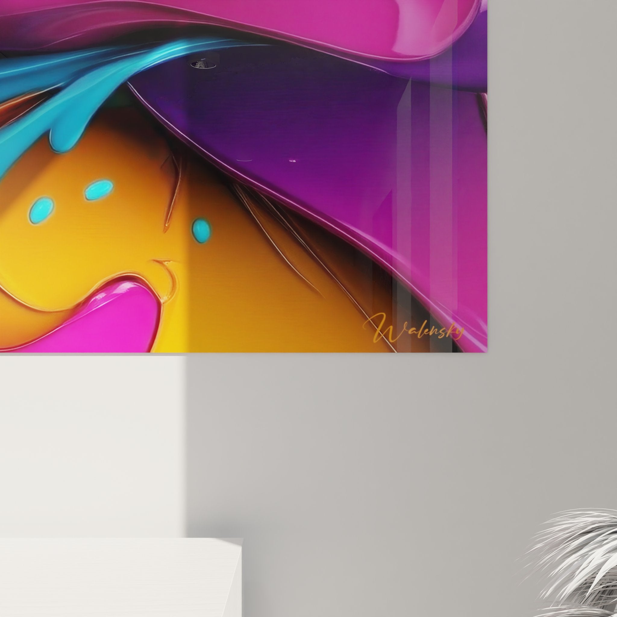 Vue ensemble tableau mural explosion couleurs liquides décoration intérieure style abstrait