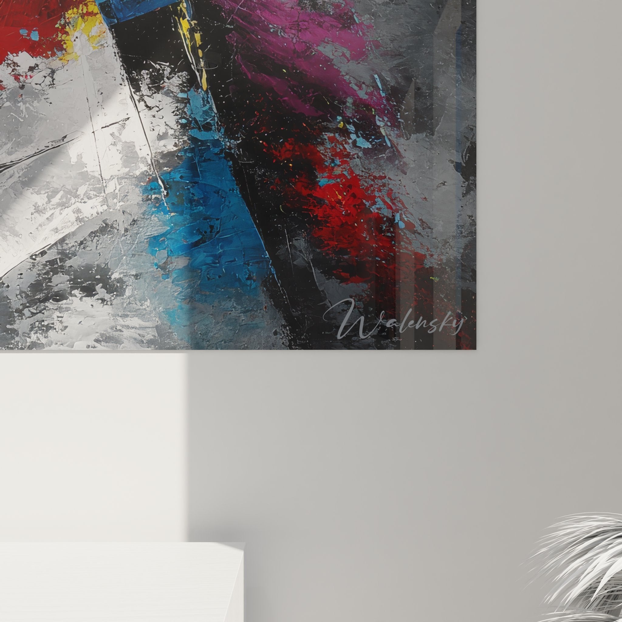 Vue ensemble tableau explosion colorée géométrique abstrait art mural moderne décoration contemporaine