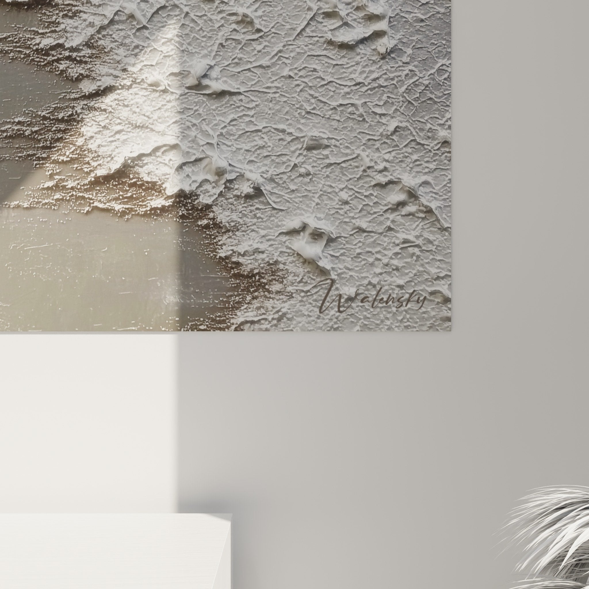 Full view white beige textured relief artwork with diagonal faille wall decoration