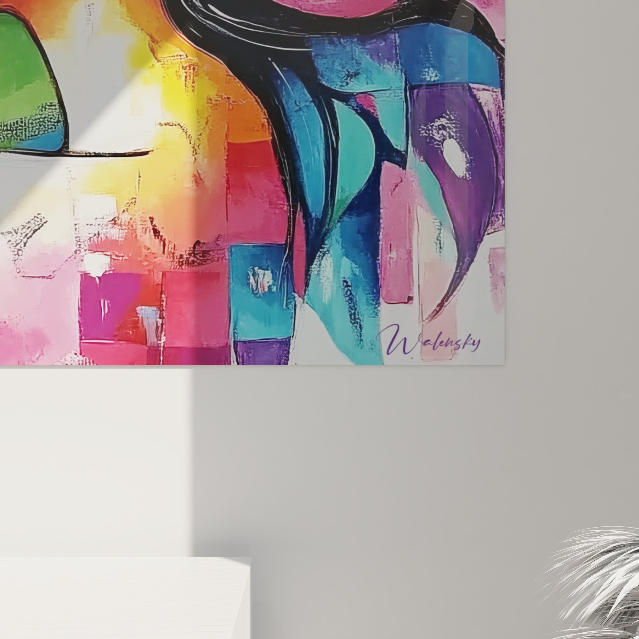 Vue ensemble tableau mural femme cheveux abstraits colorés, art contemporain multicolore