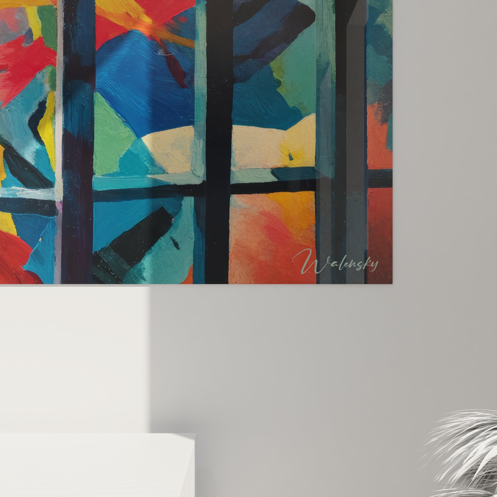 Vue ensemble tableau mural fenêtre urbaine géométrique, art abstrait coloré avec perspective barreaux noirs