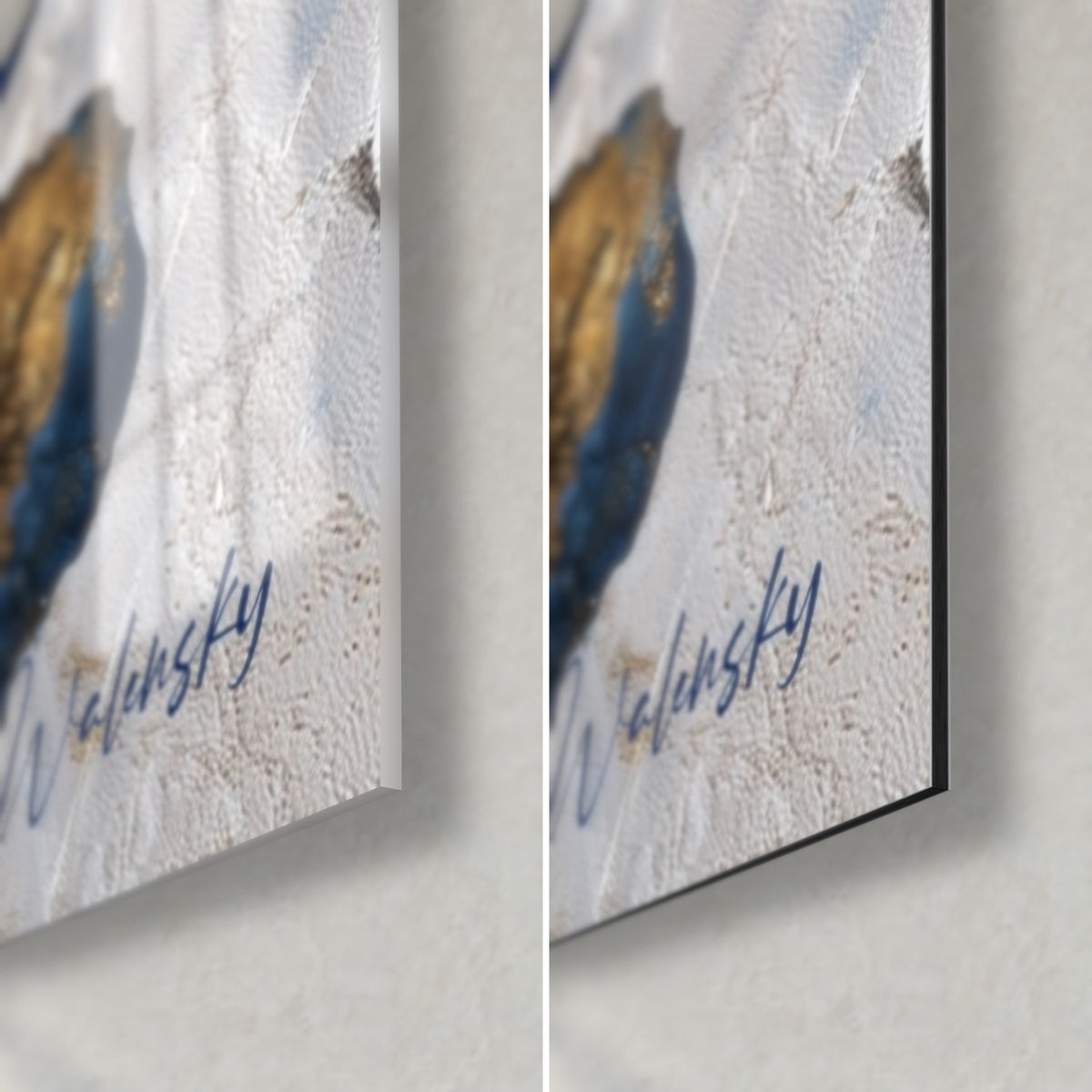 Schilderij stapeling van kobaltblauwe kiezels met gouden scheuren, rechteronderhoek, glanzend glas links, mat Dibond, rand van 3 mm