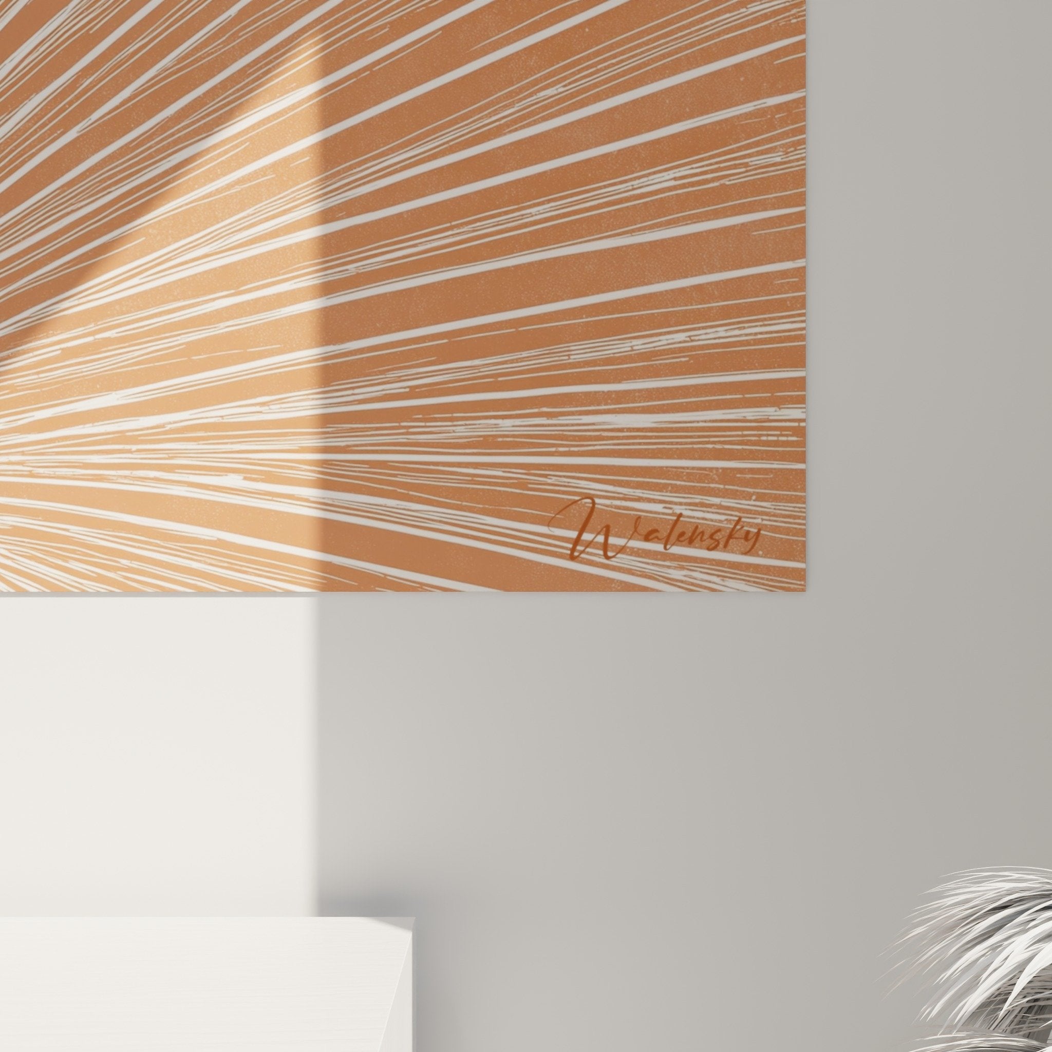 Vue ensemble tableau feng shui sud-ouest terre éventail géométrique déco murale tons terracotta