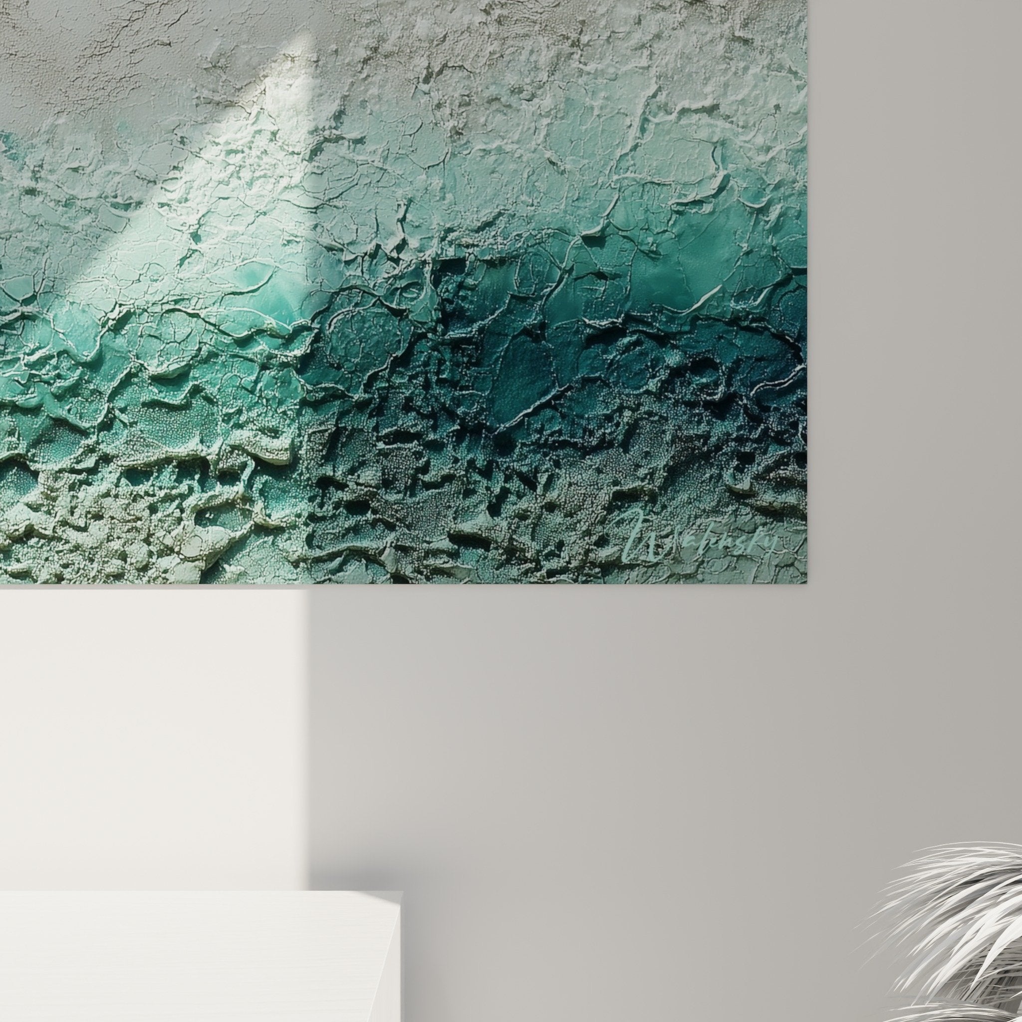 Vue ensemble tableau feng shui nord eau turquoise blanc décoration intérieure moderne