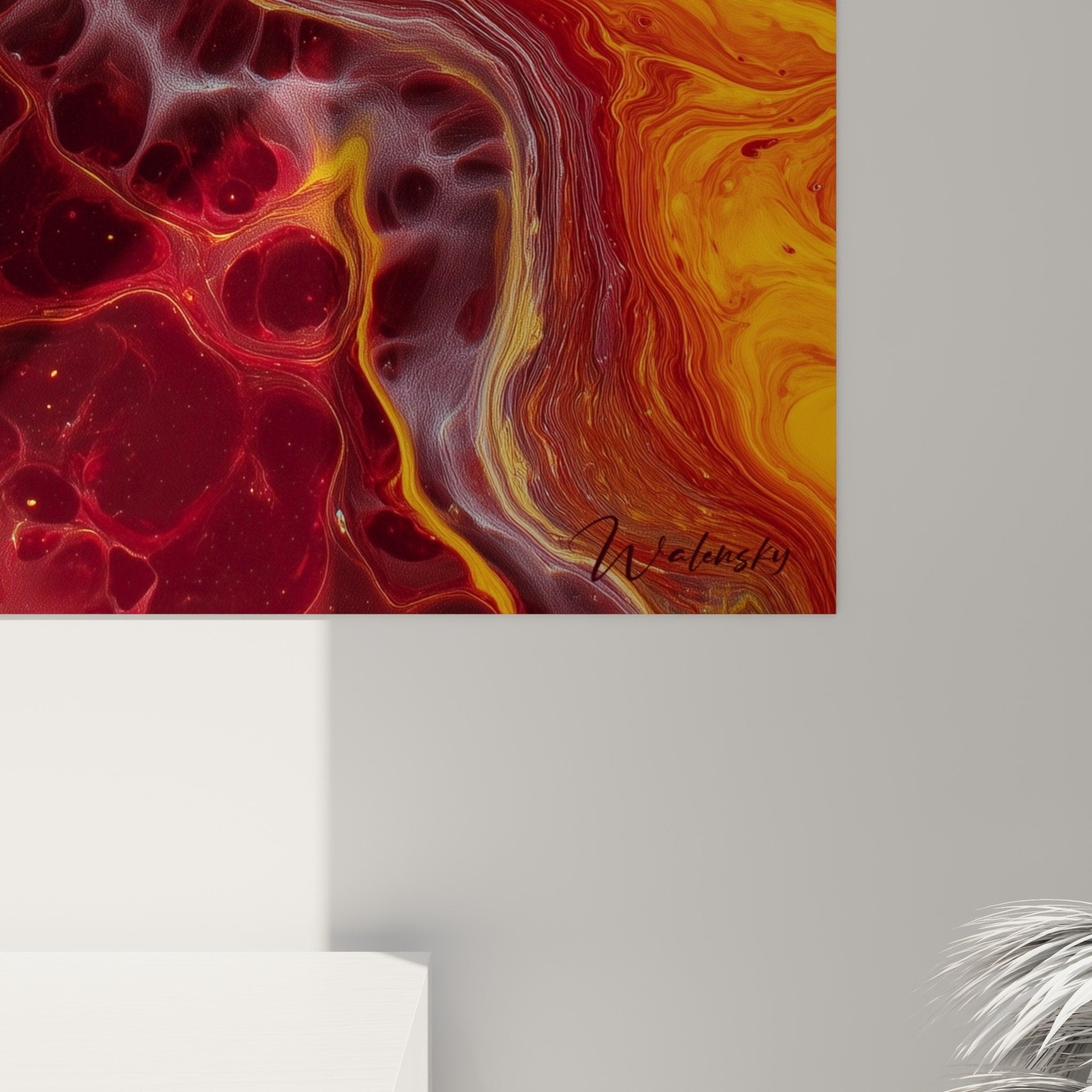 Overall view abstract painting yellow red burgundy flames feng shui south wall decoration
