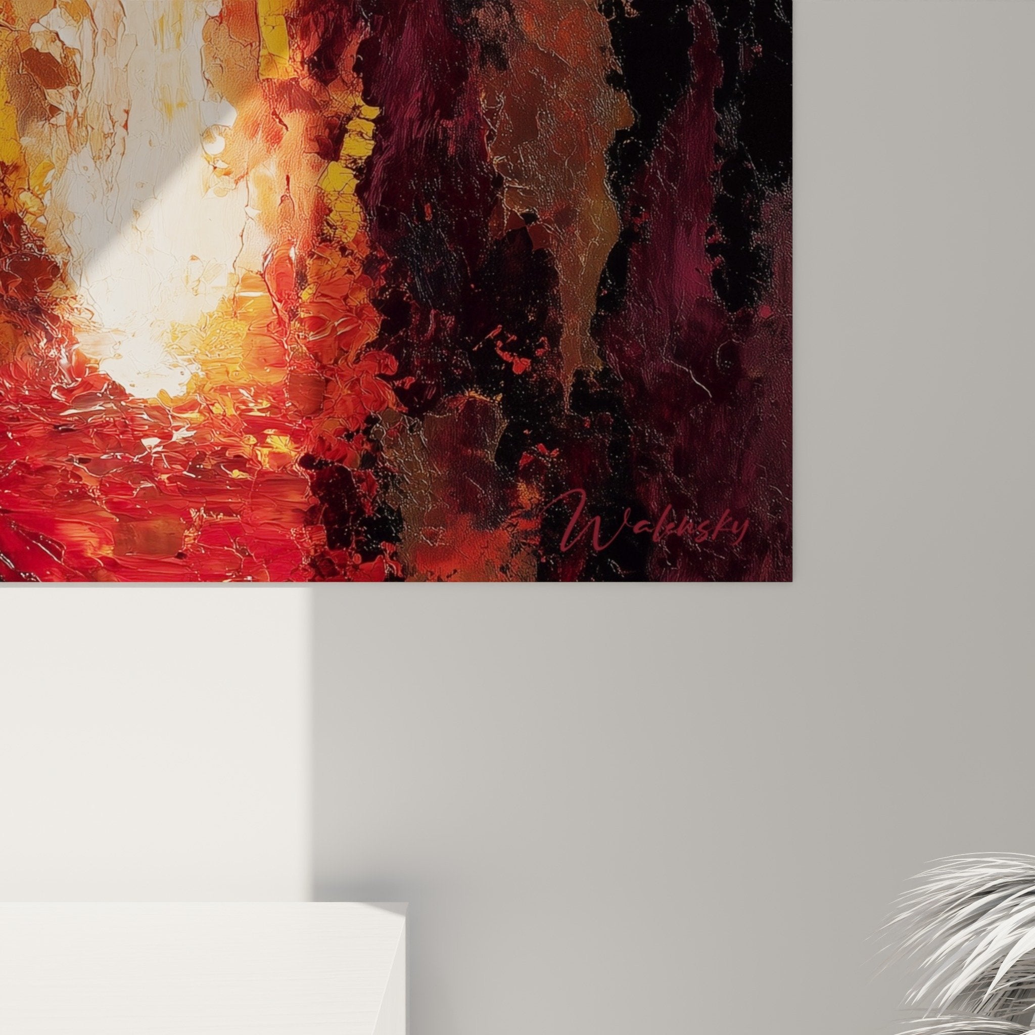 Vue ensemble tableau abstrait flammes verticales rouge orange noir decoration interieure