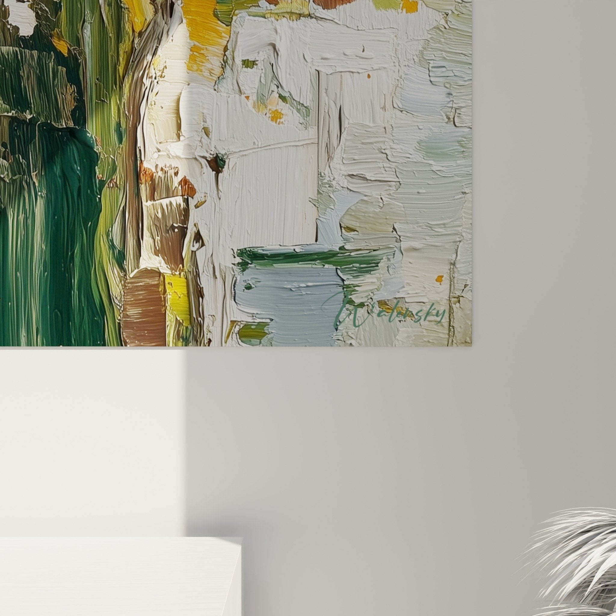Overall view yellow white green floral wall art interior feng shui wood decor impressionist bouquet
