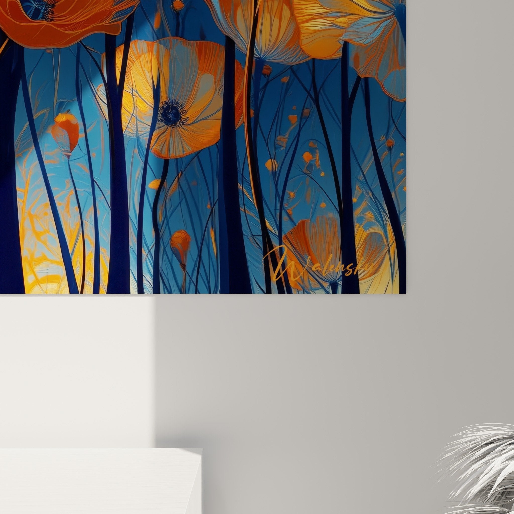 Vue d'ensemble tableau floral orange bleu décoratif style contemporain