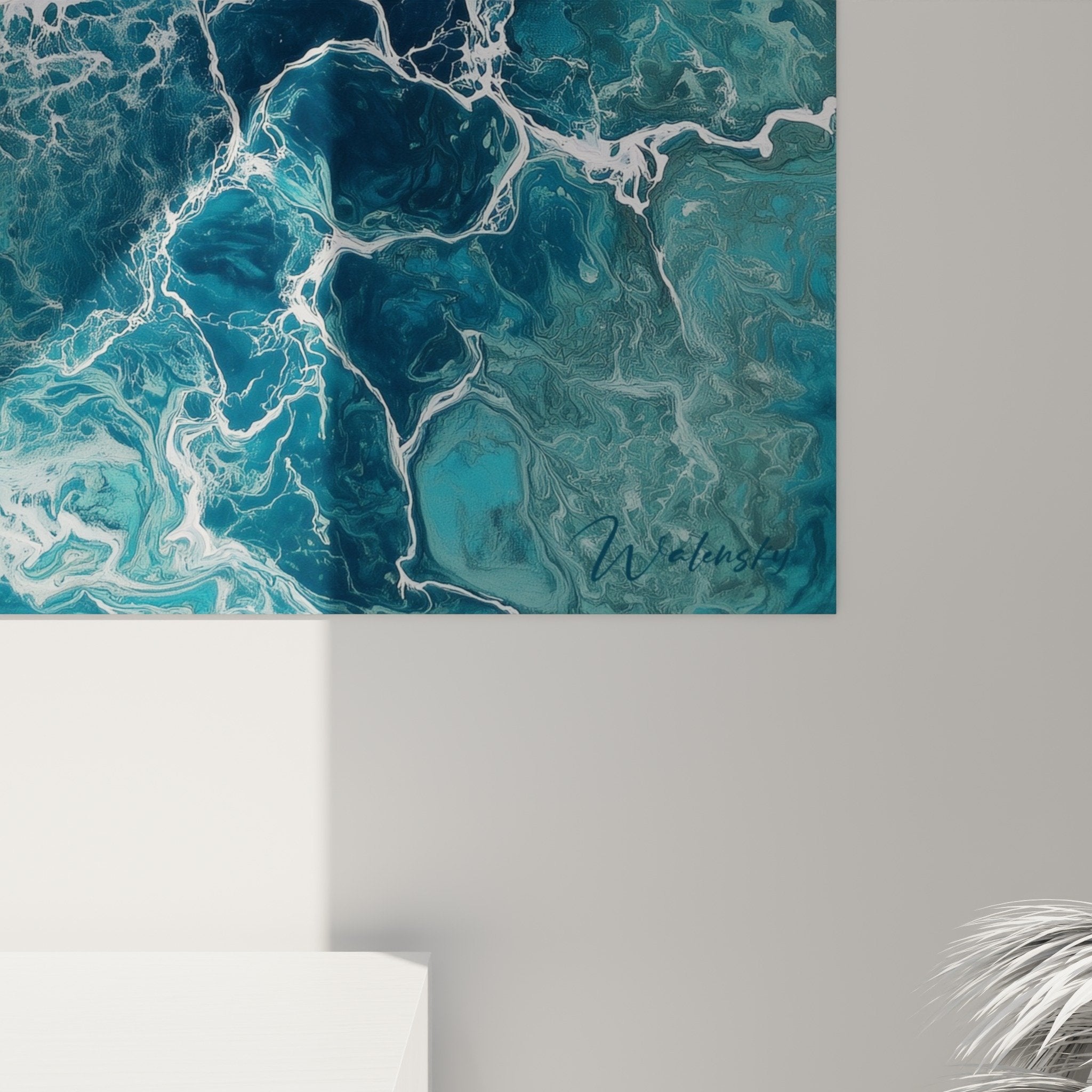 Vue densemble tableau flots marins turquoise et blanc accroche murale feng shui nord eau
