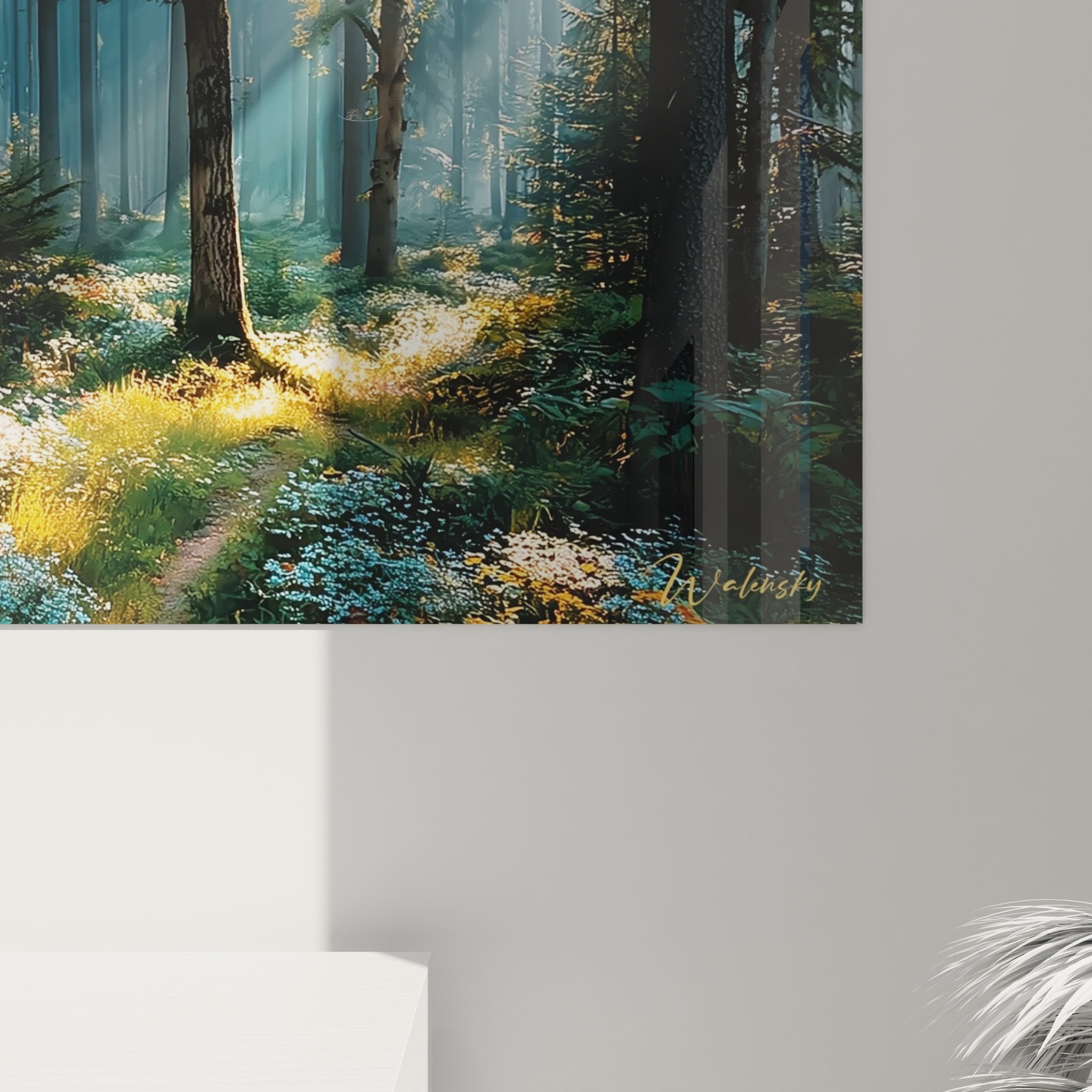 Vue ensemble tableau forêt automne avec brume matinale et jeux de lumière entre arbres majestueux