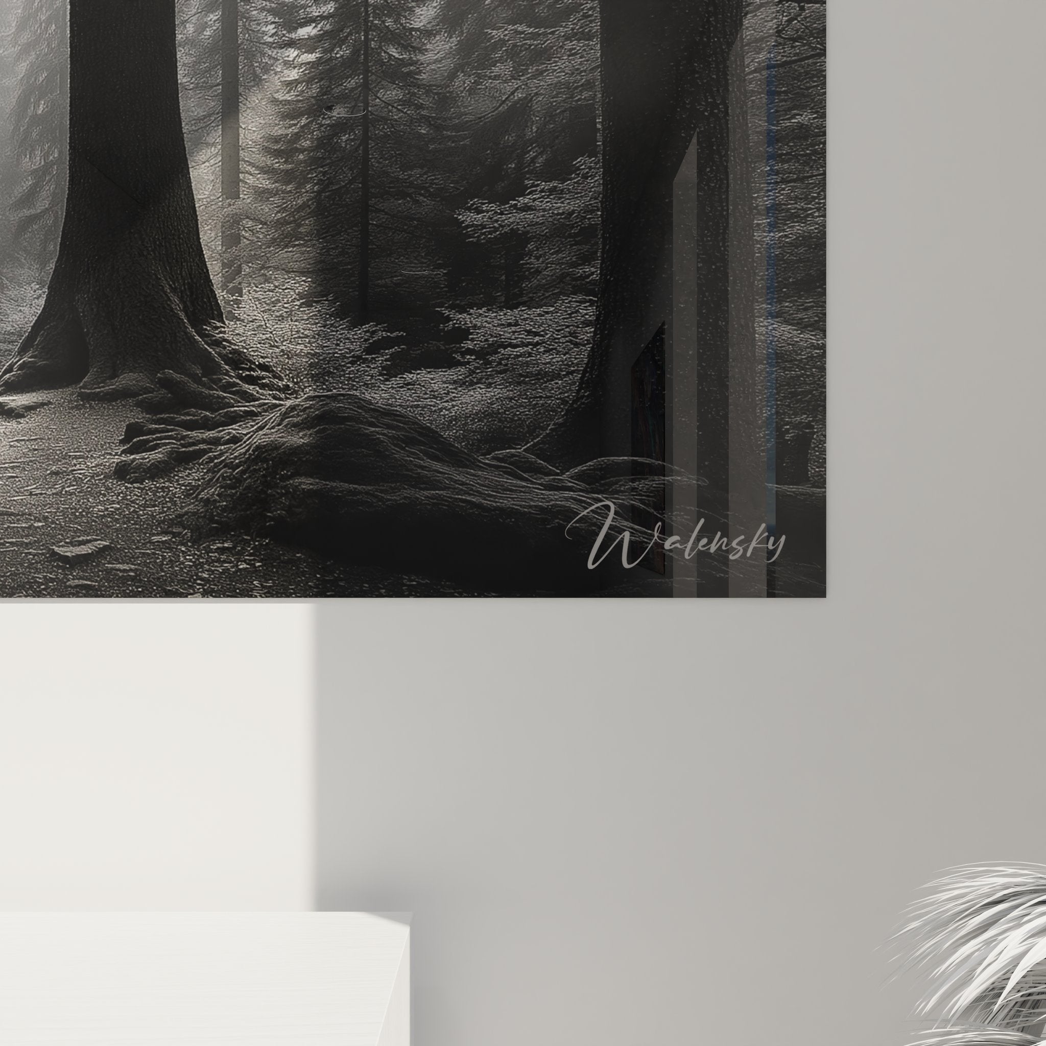 Vue ensemble tableau forêt mystérieuse noir blanc révélant composition complète paysage forestier brumeux