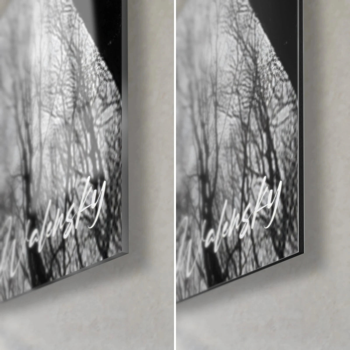 Wall art treetops in black and white, bottom right corner: glossy acrylic glass on the left, matte black Dibond aluminium on the right