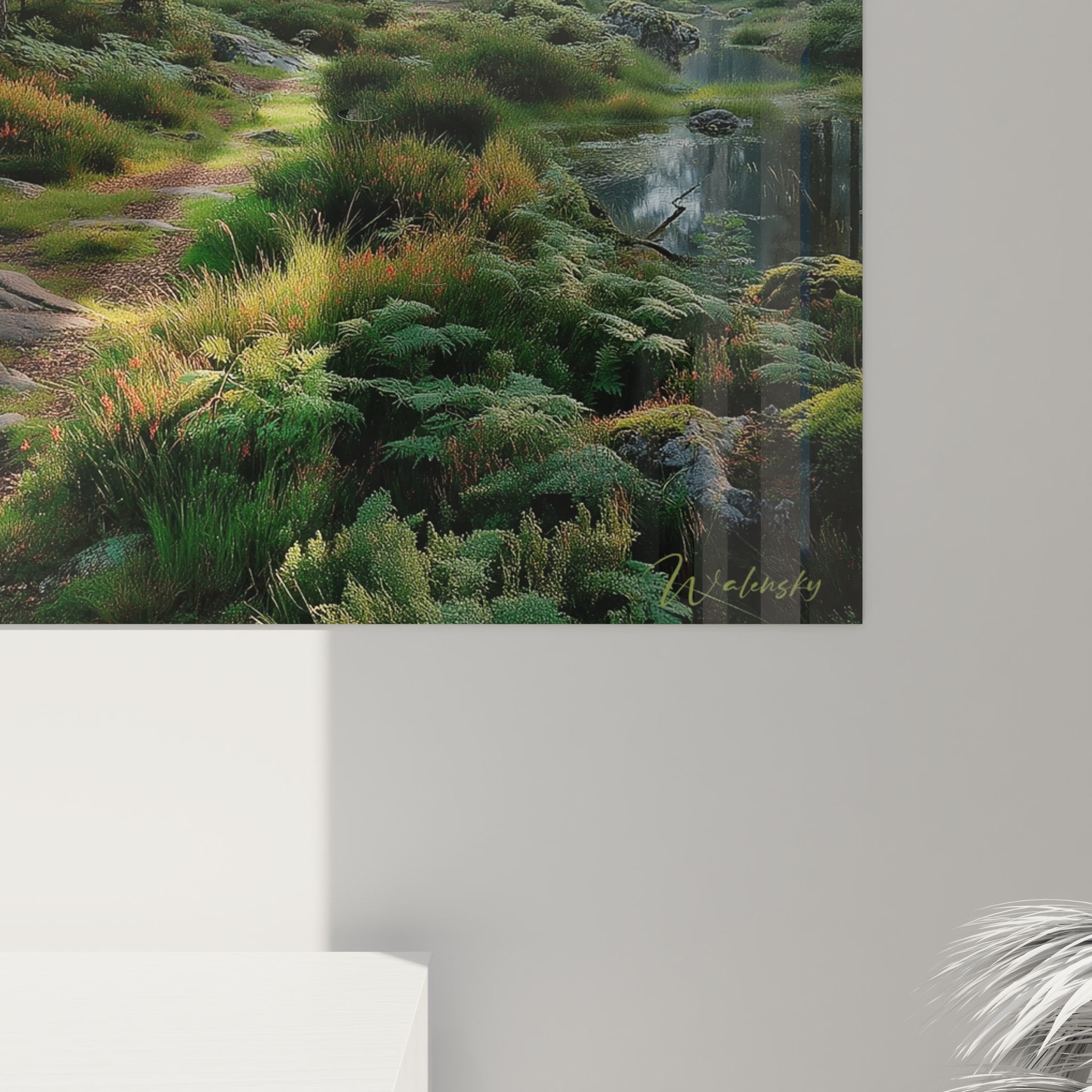 Vue ensemble tableau forêt mystique sentier brumeux, composition complète art mural nature décoratif
