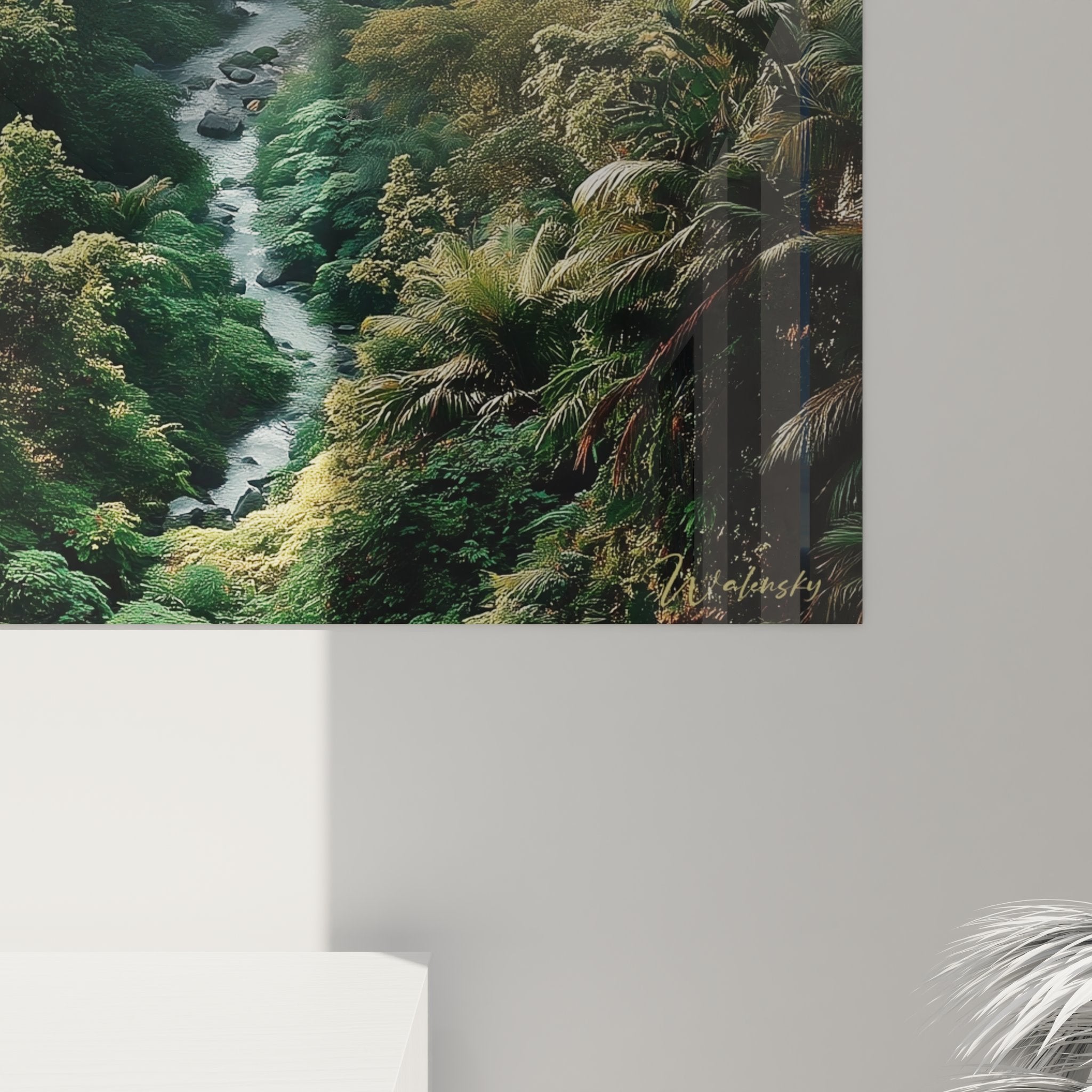 Vue ensemble tableau forêt tropicale avec rivière, décoration murale nature pour intérieur contemporain apaisant