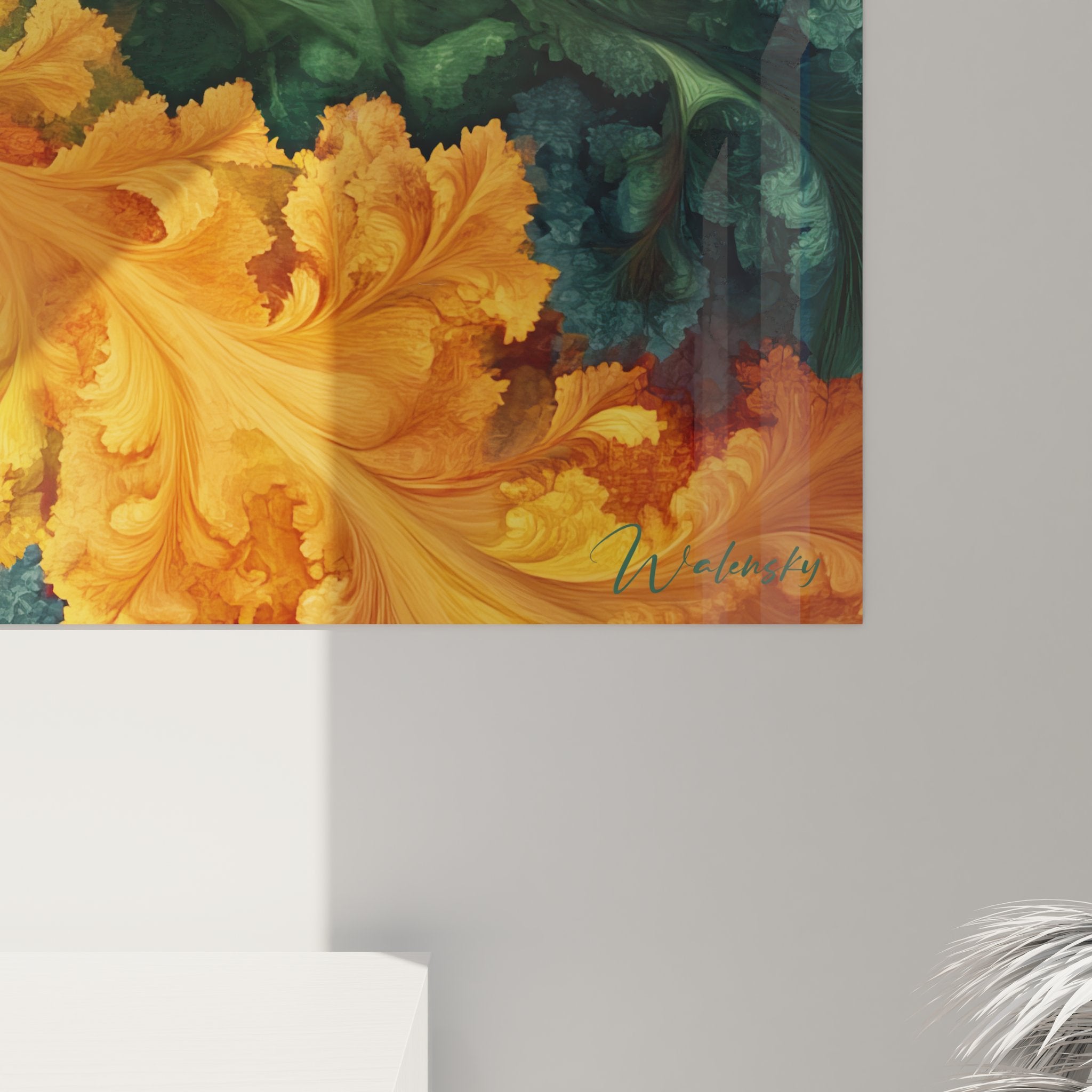 Vue ensemble tableau fractale floral, composition ornementale art mural contemporain