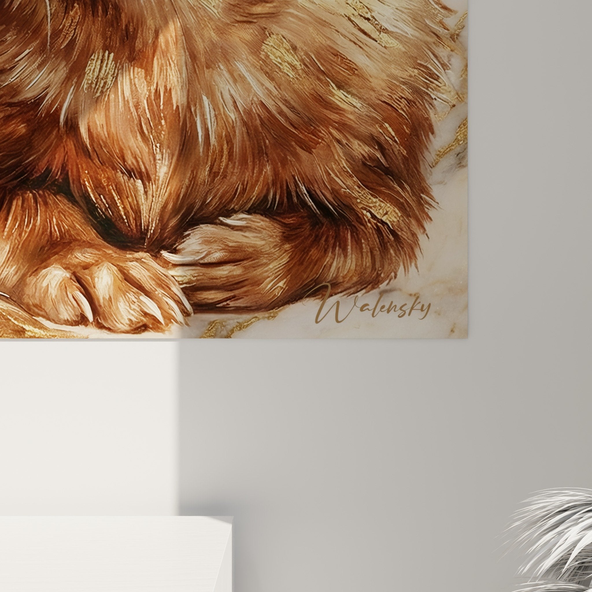 Gesamtansicht goldenes marmoriertes Frettchen-Gemälde, Tierkunstwerk mit warmen und raffinierten Nuancen