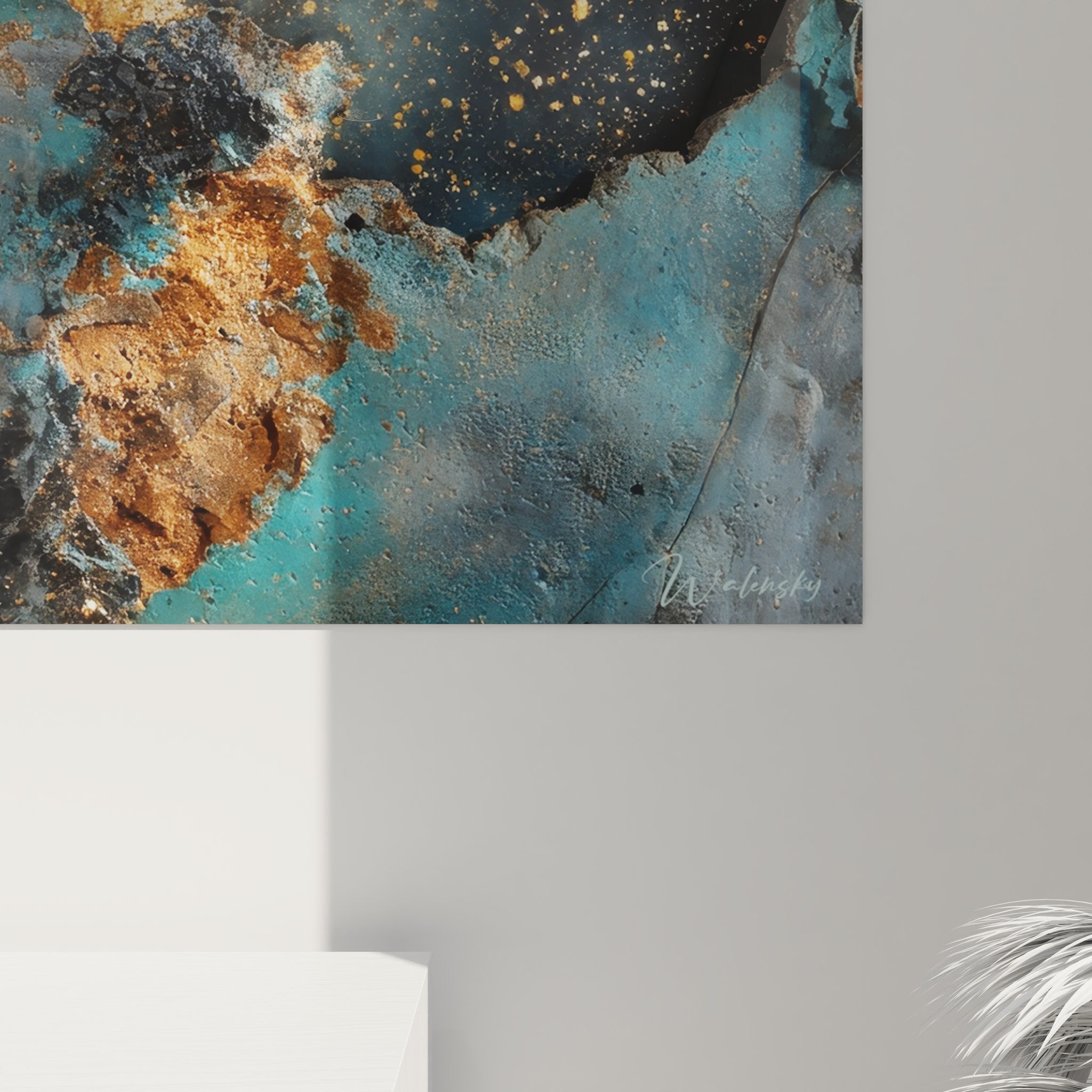 Vue ensemble tableau galaxie abstraite moderne, art mural cosmique turquoise et or