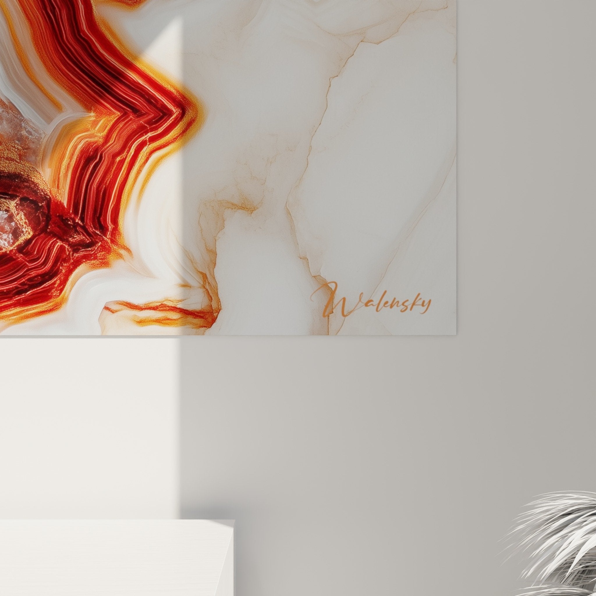 Vue d'ensemble tableau marbre abstrait géode cristaux formations minérales orange rouge blanc déco murale