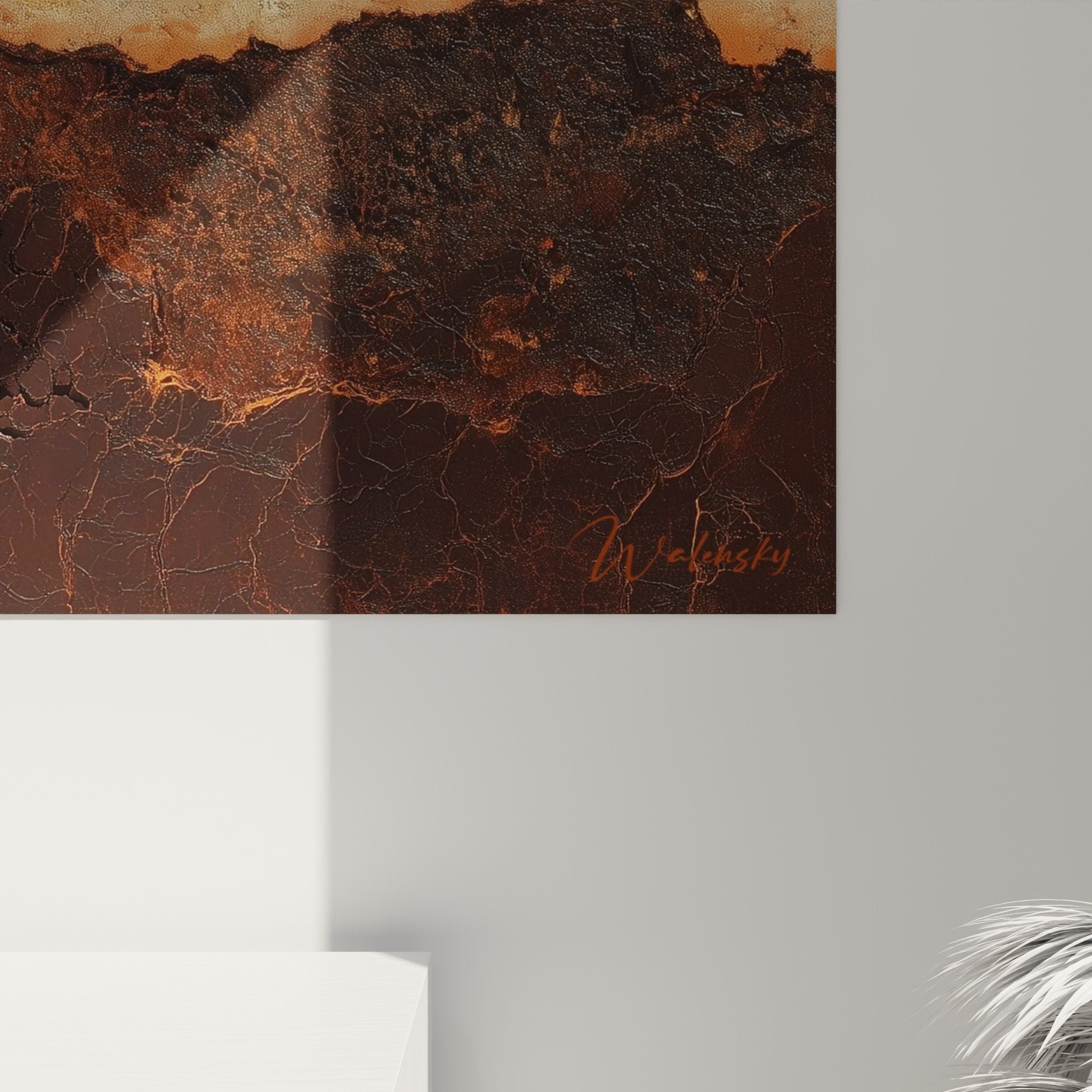 Overall view of layered orange geological wall art interior decoration feng shui earth center