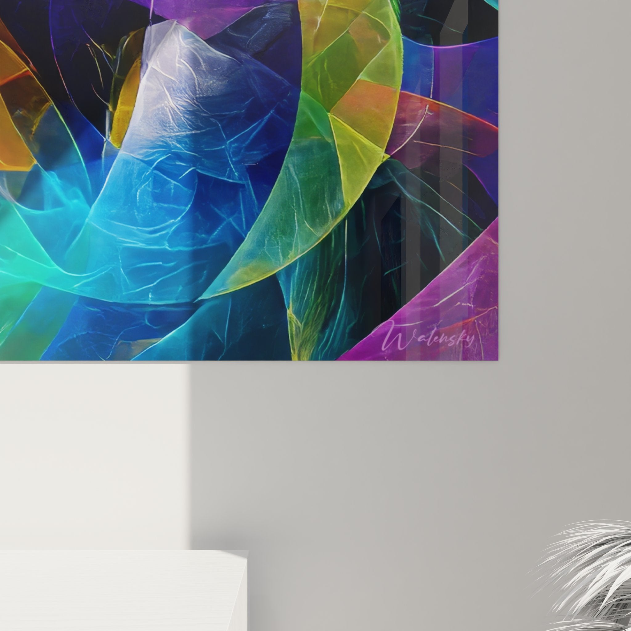 Full view of colorful abstract geometric wall art - modern mural interior decoration
