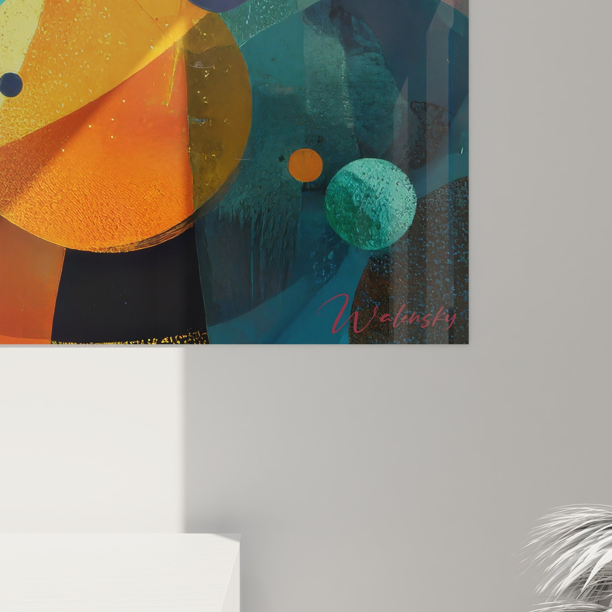 Vue ensemble tableau mural géométrique abstrait, composition formes colorées modernes, art décoratif contemporain