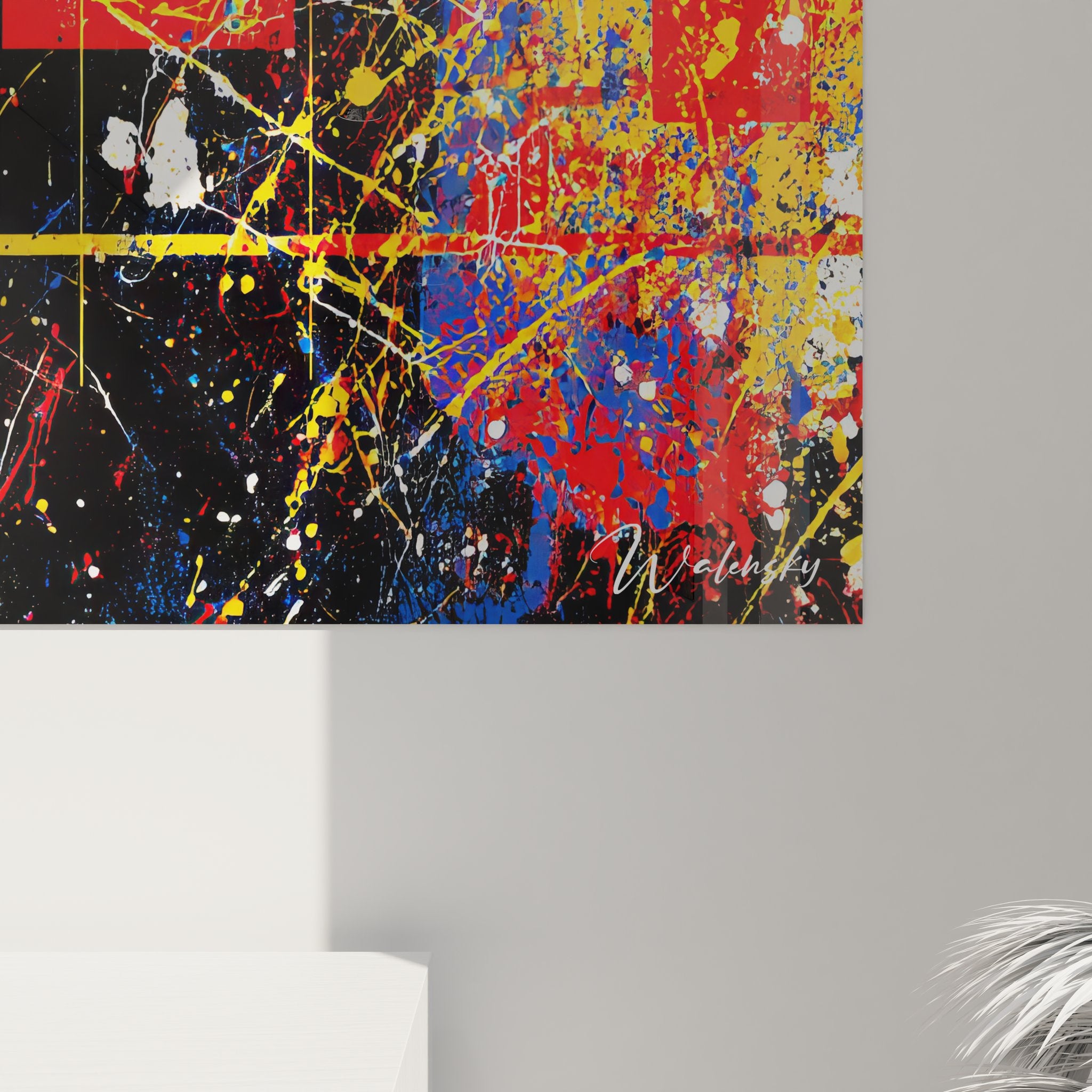 Vue ensemble tableau géométrique abstrait bicolore décoration murale art contemporain