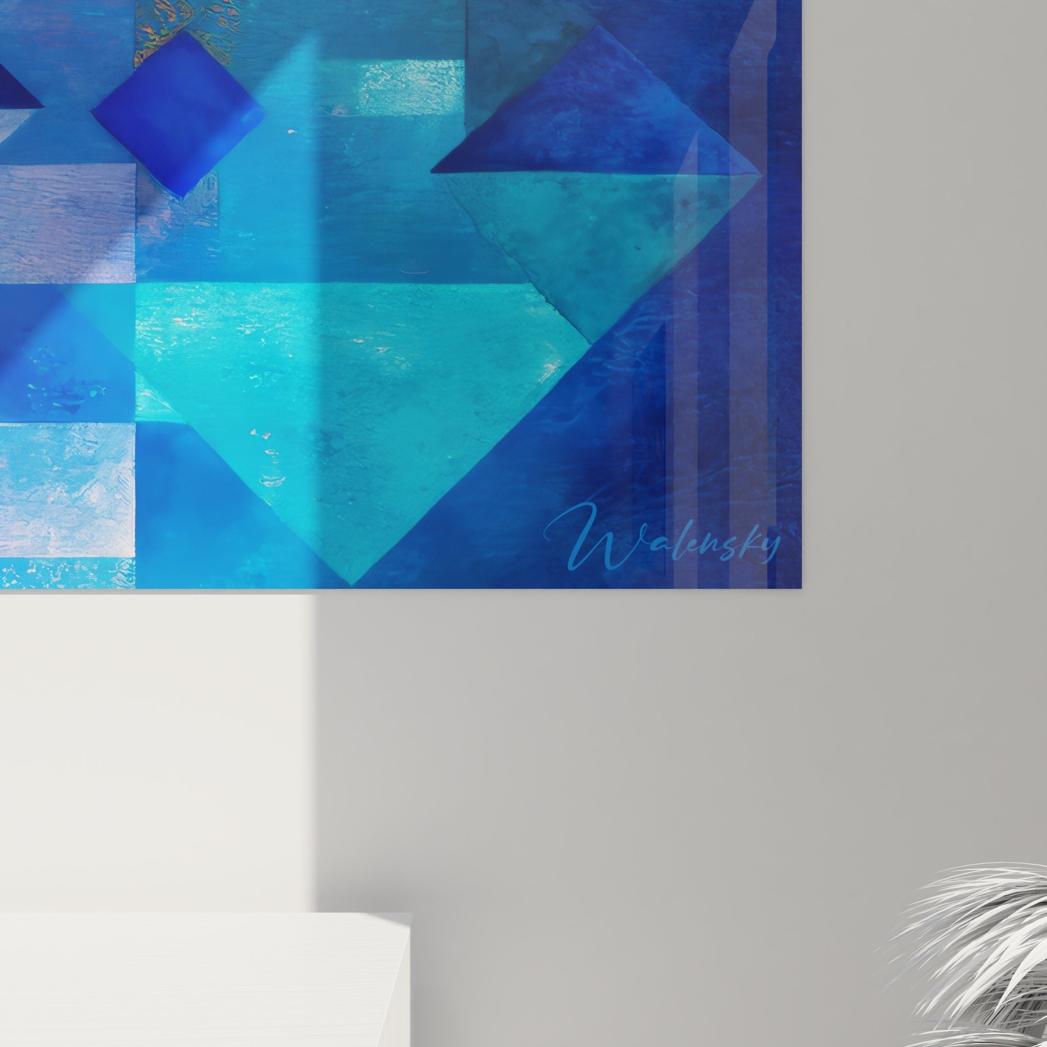 Vue ensemble tableau géométrique abstrait bleu - art mural décoratif contemporain