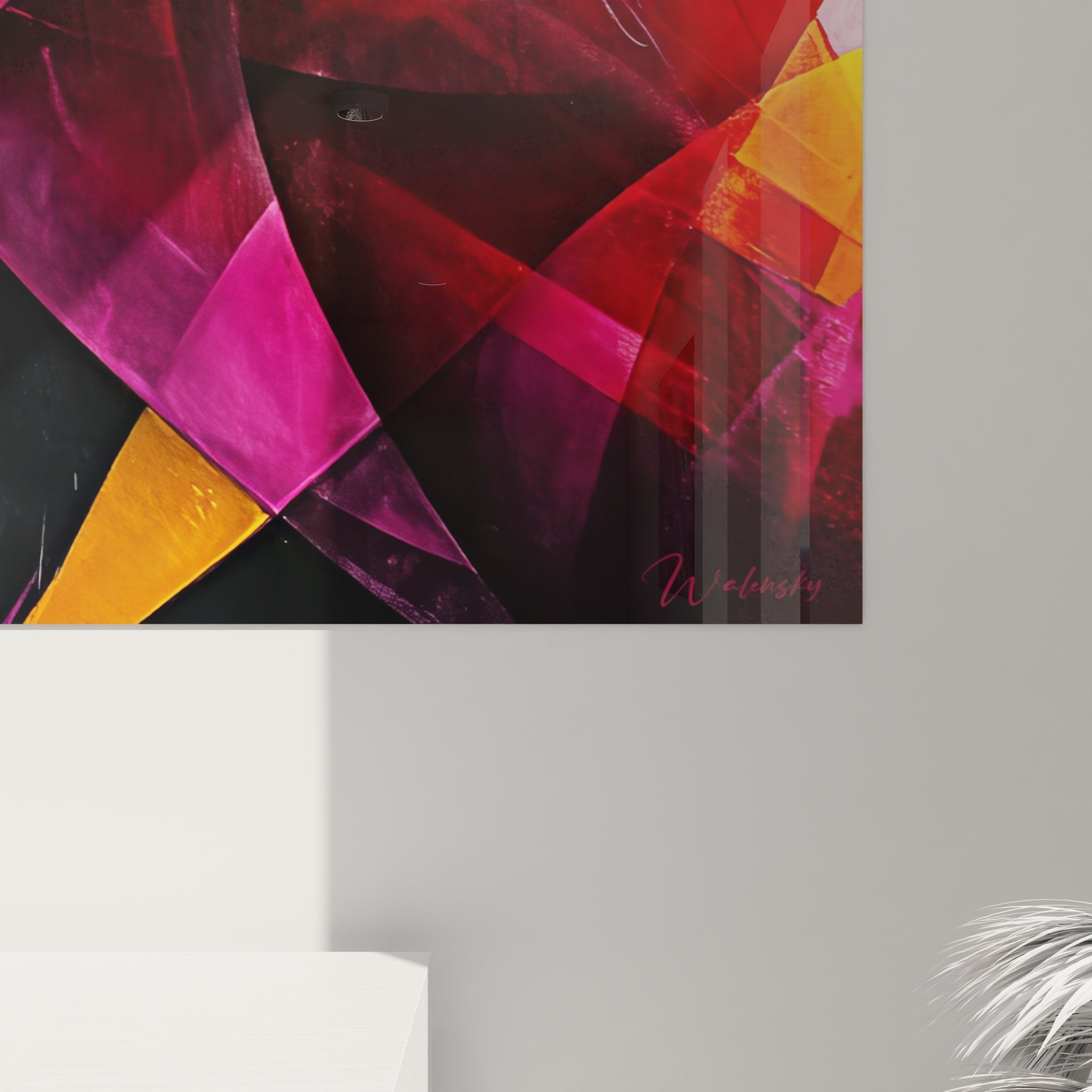 Vue ensemble tableau géométrique abstrait coloré avec formes dynamiques et palette vibrante