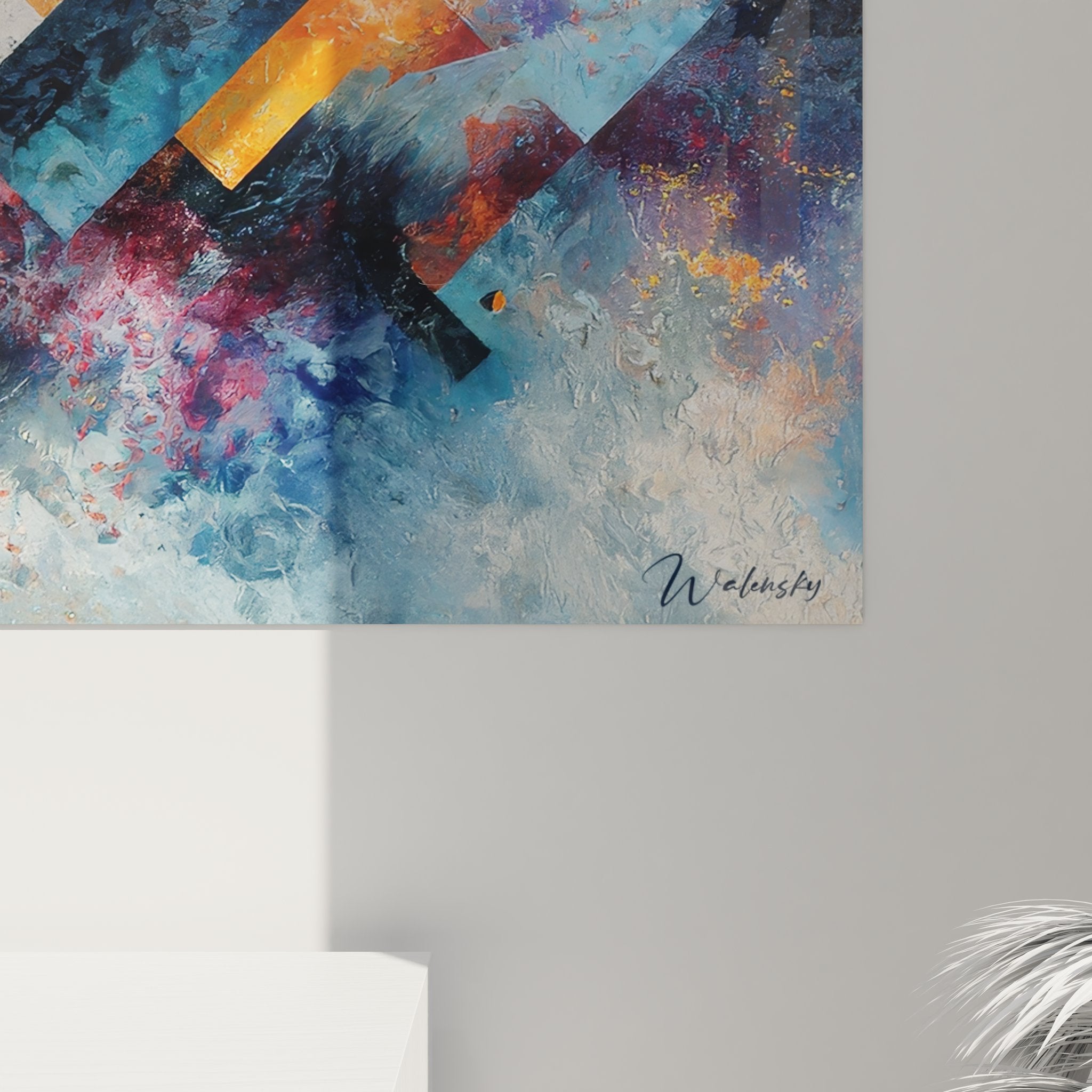 Vue ensemble tableau géométrique abstrait coloré, art moderne mural composition dynamique