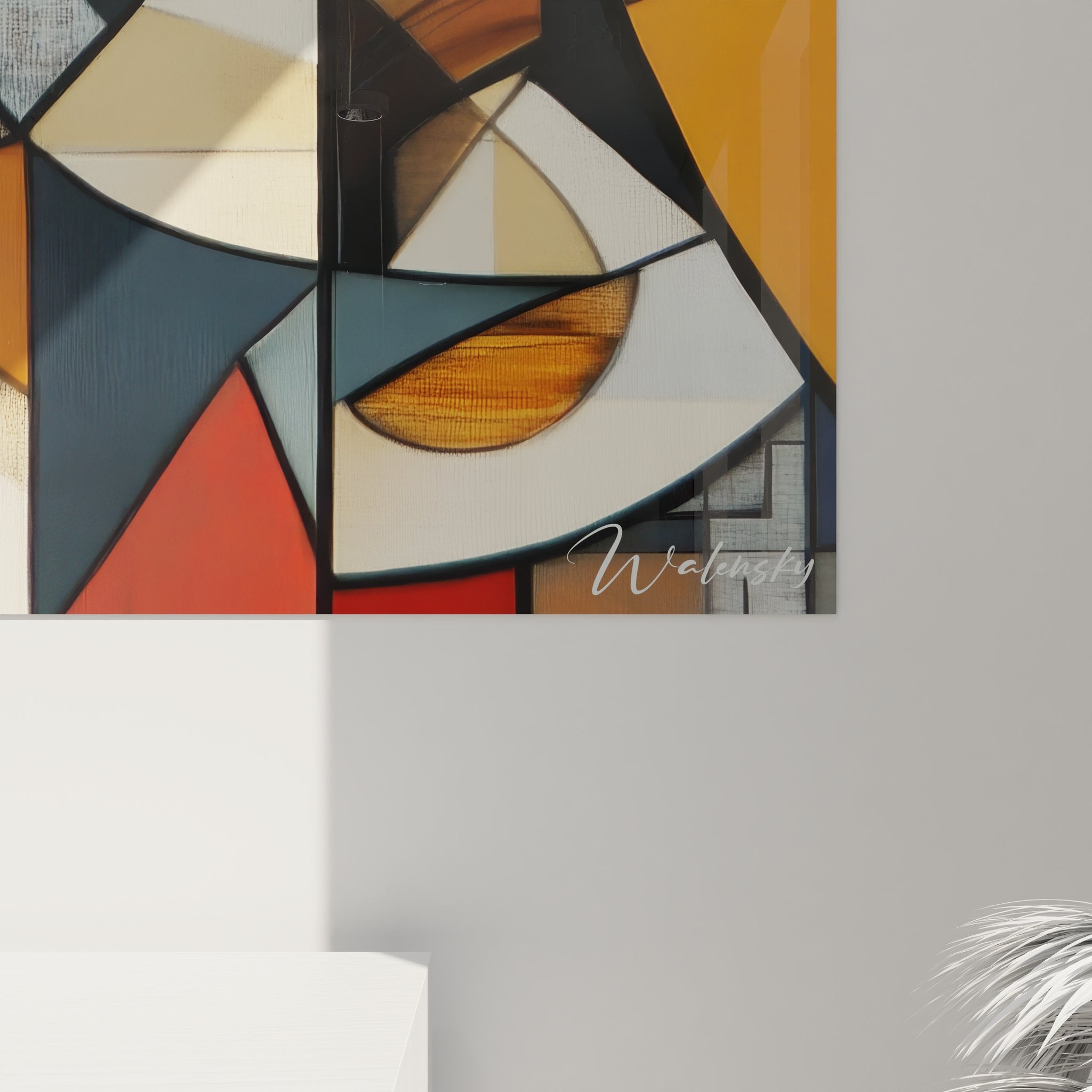 Vue d'ensemble tableau géométrique abstrait, composition complète aux formes entrelacées multicolores