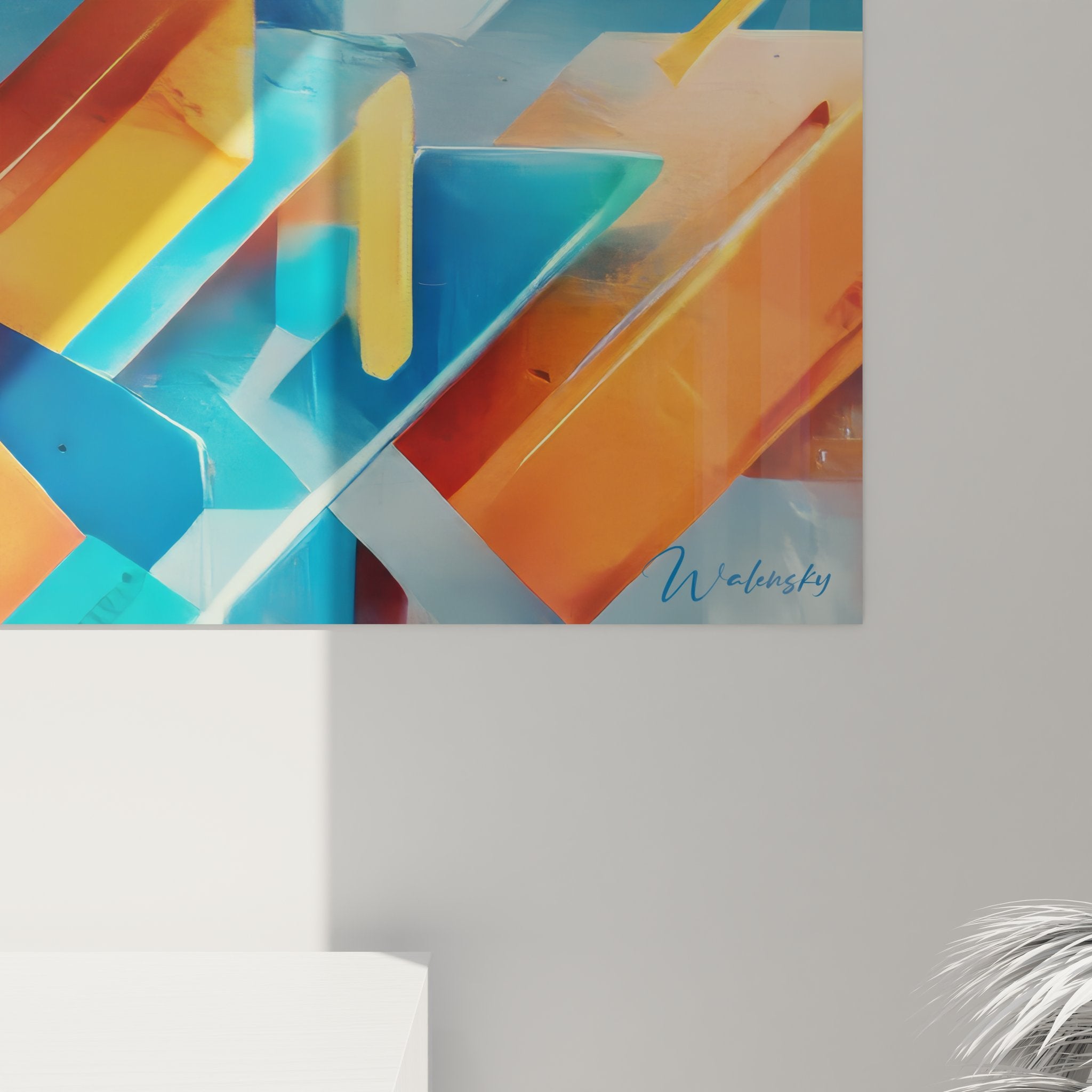 Vue ensemble tableau géométrique abstrait formes tridimensionnelles colorées art contemporain mural