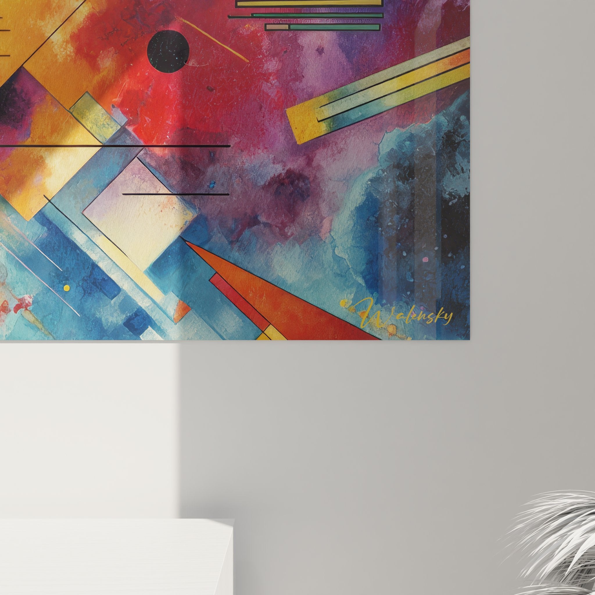 Vue ensemble tableau géométrique abstrait coloré décoration murale art contemporain